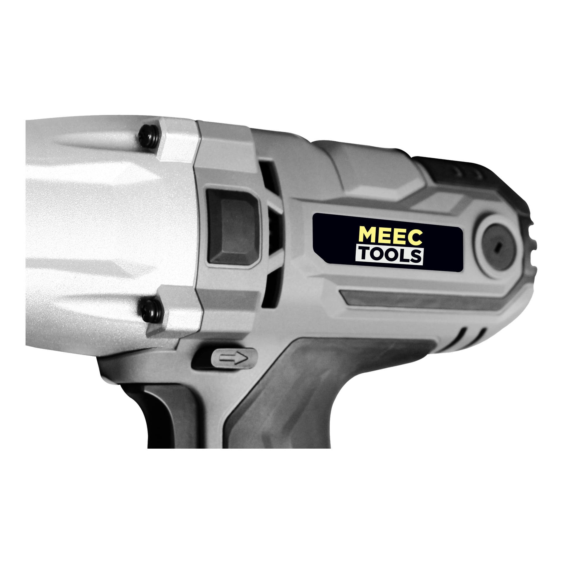 Nærbilde av den øverste delen av en grå Meec Tools Impact Wrench IW-W HOME 300 med snor, med en gul og hvit logo på svart.