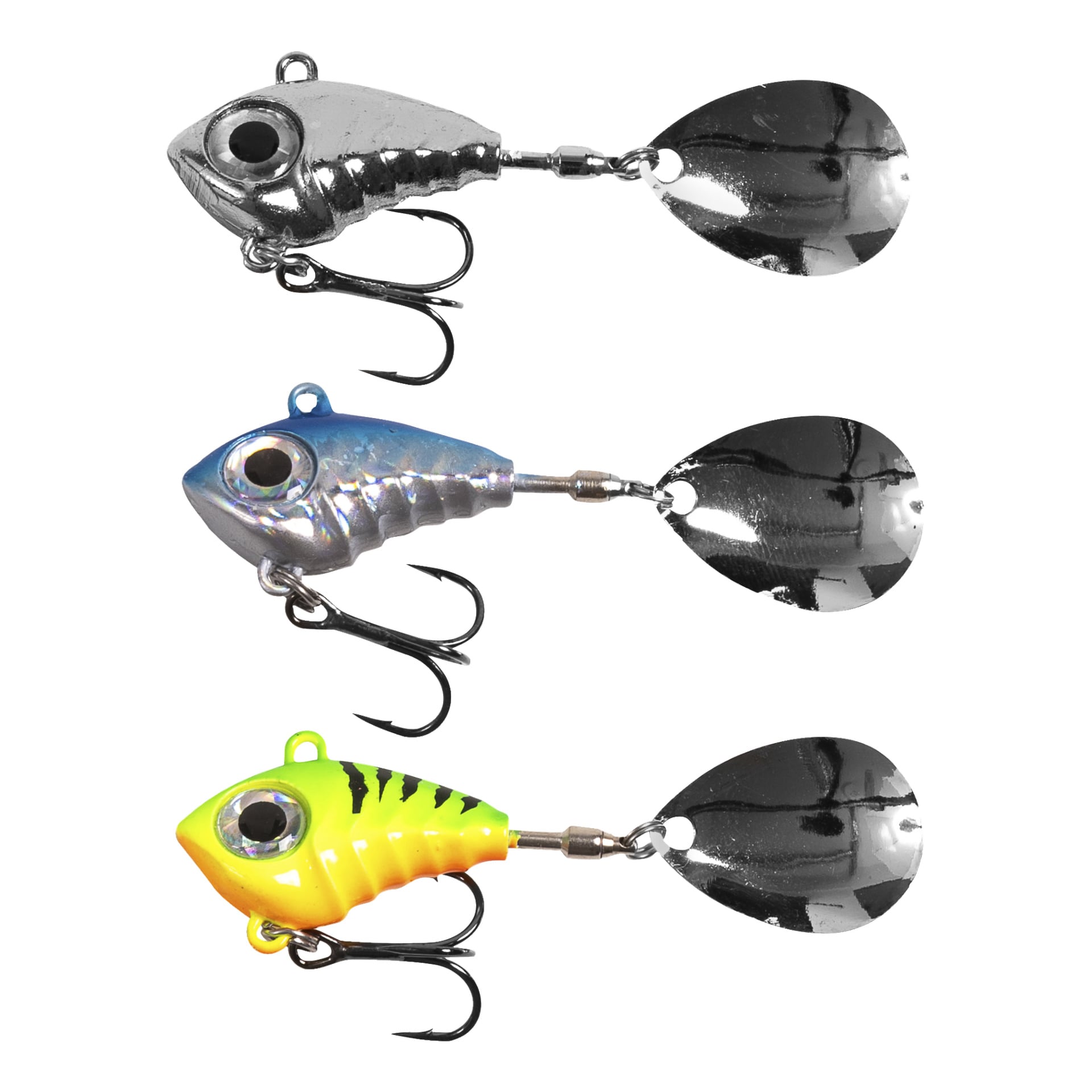 Ett set med tre Fladen Spinners Conrad Vibra Tail fiskedrag visas. Varje drag har en fiskformad kropp, en vass treblekrok och ett framträdande metallspinnerblad. Det första betet är silver, det andra kombinerar blå och silverfärger, och det tredje är gult med svarta ränder.