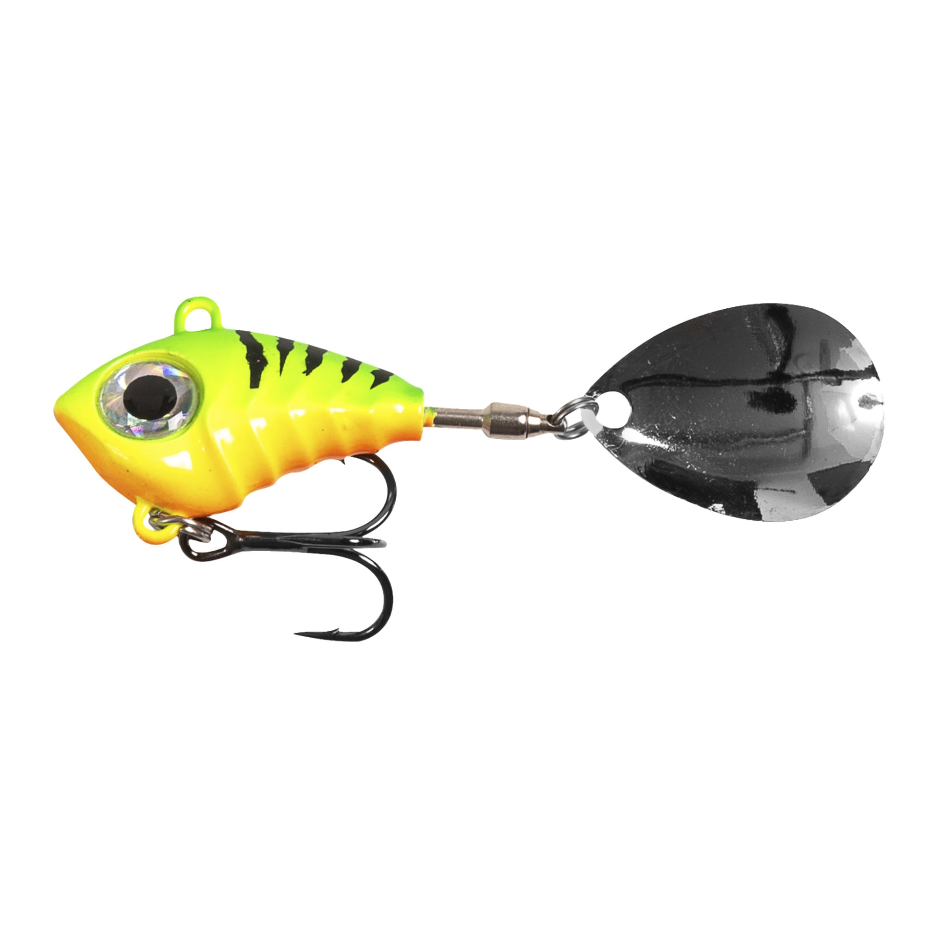 Fladen Spinners Conrad Vibra Tail 3-packet visar färgstarka fiskebeten med gröna och gula kroppar, djärva svarta ränder, framträdande ögon, metallkrokar och reflekterande silverspinnerblad fästa vid stjärten.
