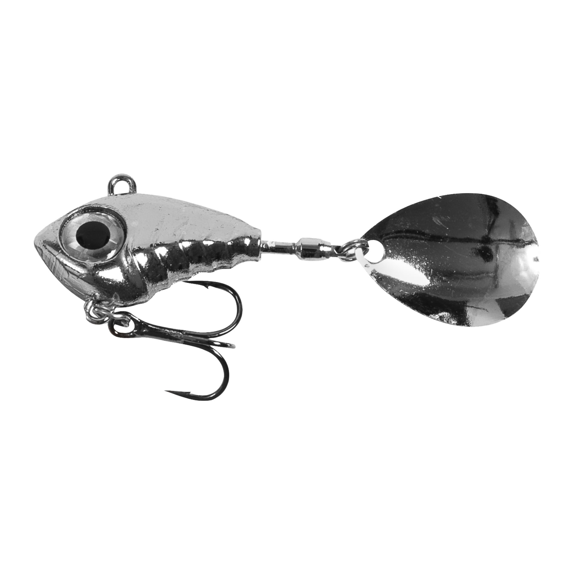 Fladen Spinners Conrad Vibra Tail 3-pack innehåller silverbeten formade som fiskhuvuden, var och en med ett blåöga, ett snurrande blad och en treble-krok under.