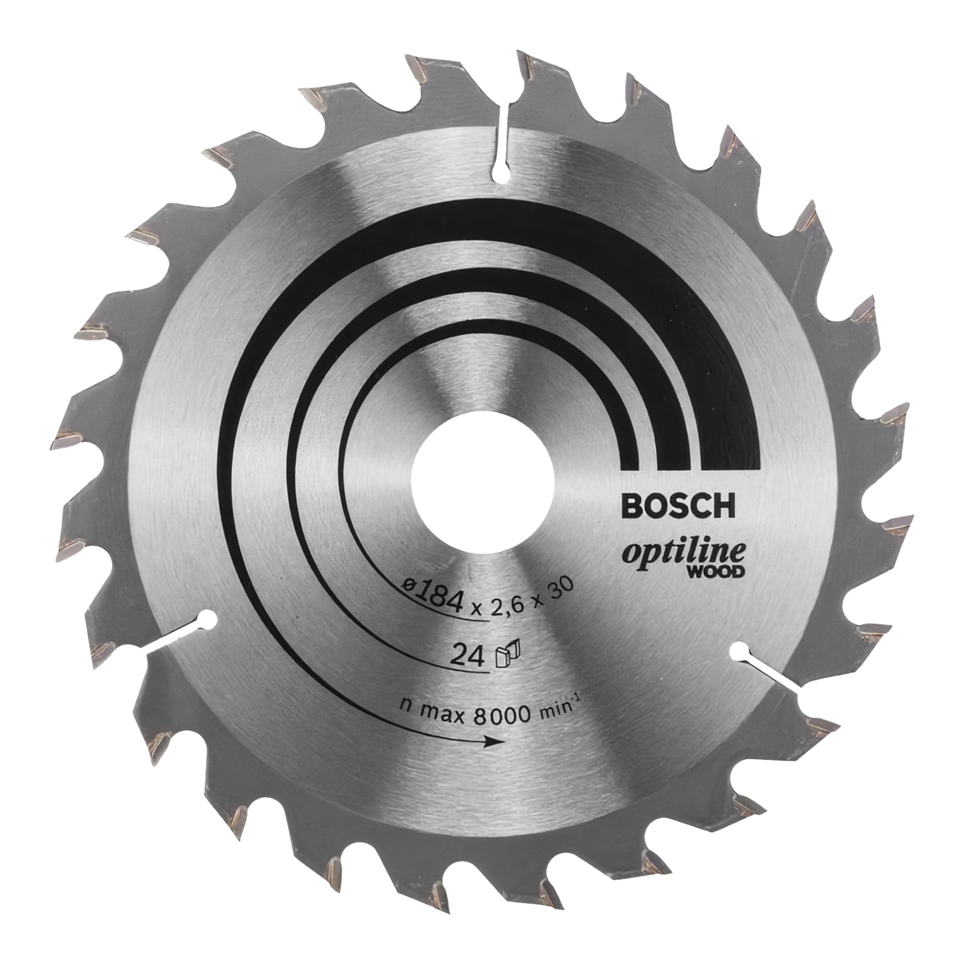 Tarcza piły Bosch Pro Optiline Wood posiada 24 ostre zęby, średnicę 184 mm, grubość 2,6 mm, średnicę cylindra 30 mm oraz maksymalną prędkość 8000 obr./min.