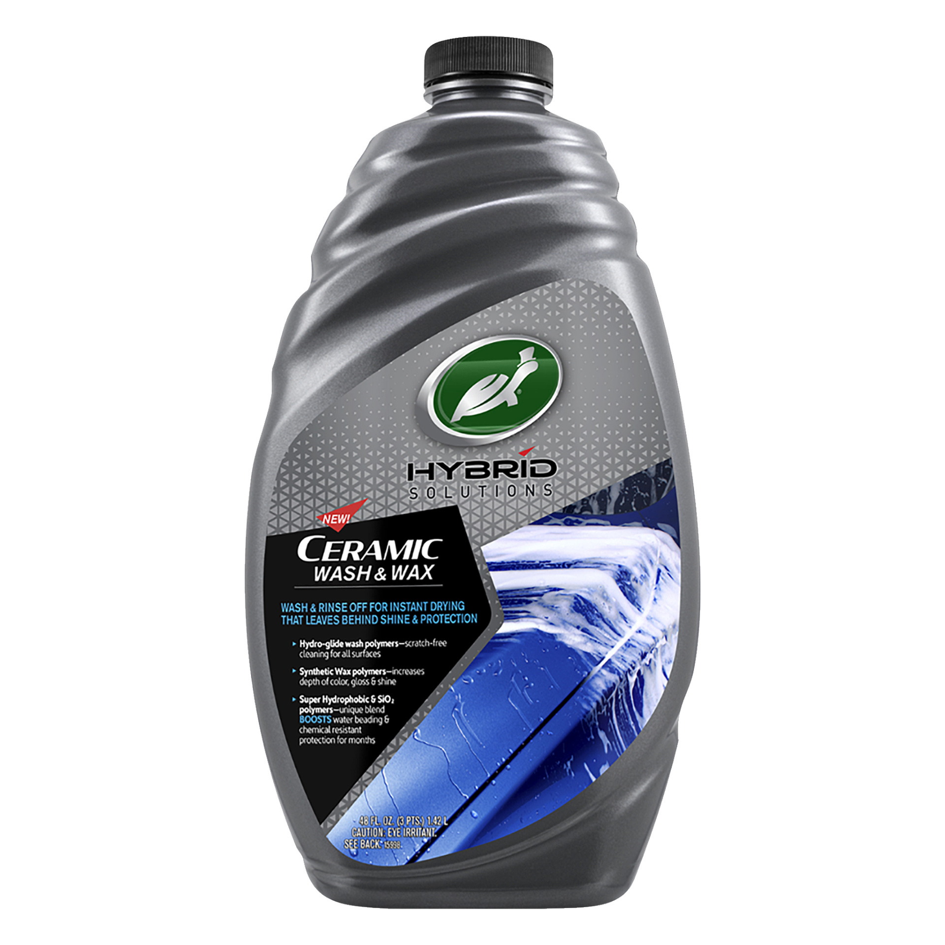 Harmaa muovipullo Turtle Wax HS Ceramic Wash & Wax -autoshampoota, jossa on sinivalkoinen etikettigrafiikka, jossa lukee 'välitön kuivaus', kiilto ja suoja autoille'.