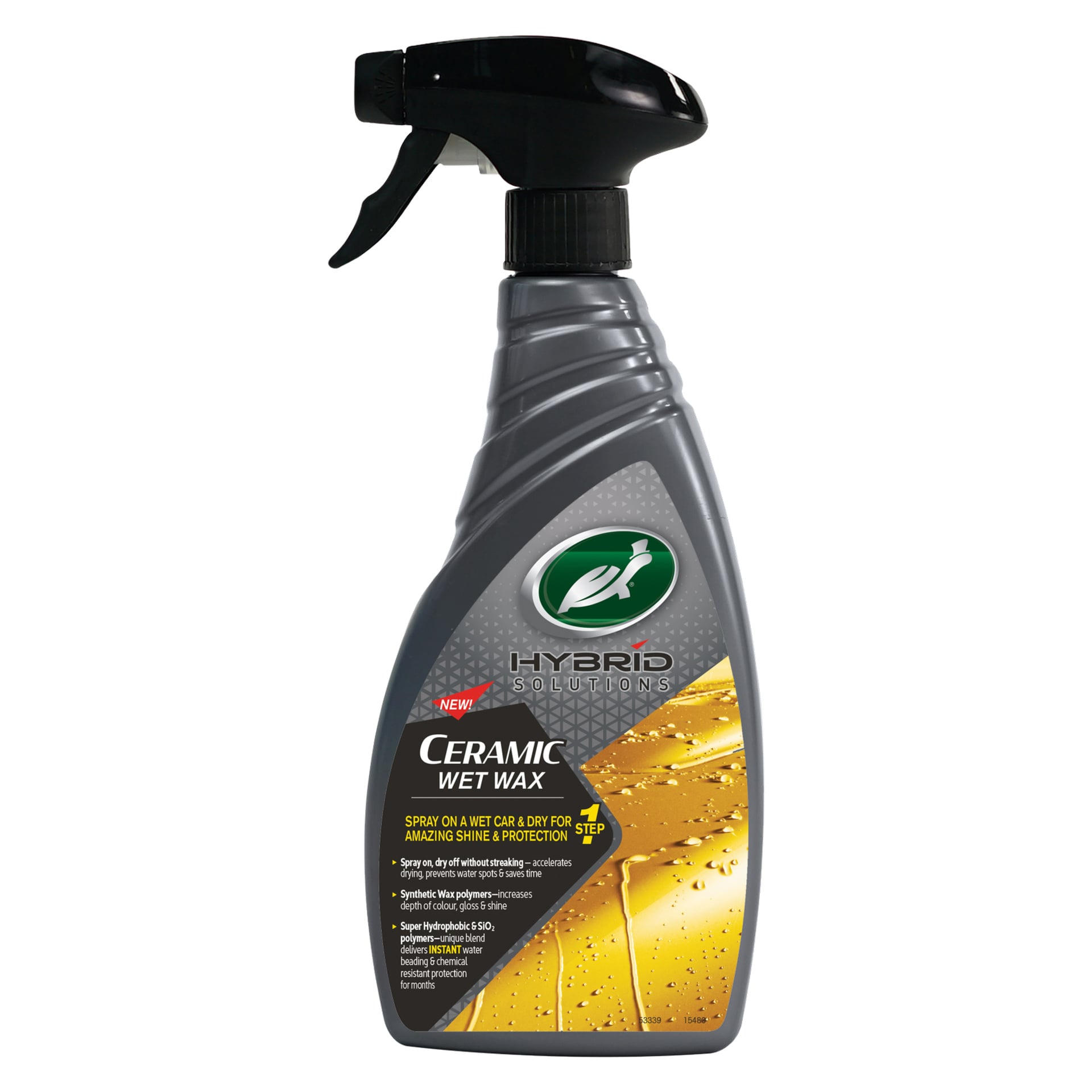 En grå sprayflaska med Turtle Wax HS Ceramic Wet Wax med svart avtryckare och grön etikett visar text som lyfter fram dess glans och skydd för blöta eller torra fordon. Längst ner på etiketten finns illustrationer av vattendroppar.