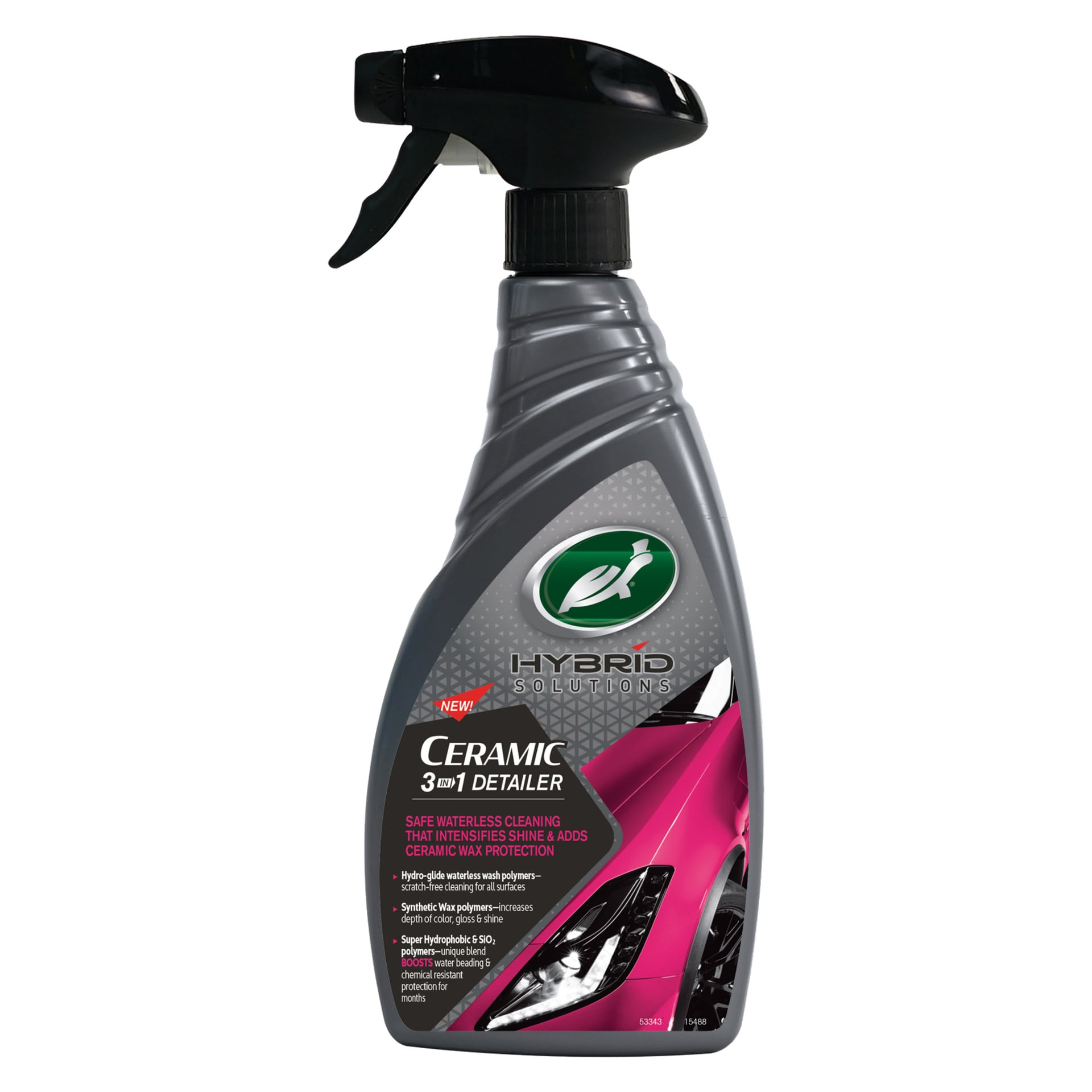 En Turtle Wax Car Polish HS Ceramic 3-i-1 Detailer sprayflaska med svart munstycke och grå etikett visar en bild av en röd bilhuv. Förpackningen lyfter fram vattenfri rengöring, förbättrad glans och keramiskt skydd.