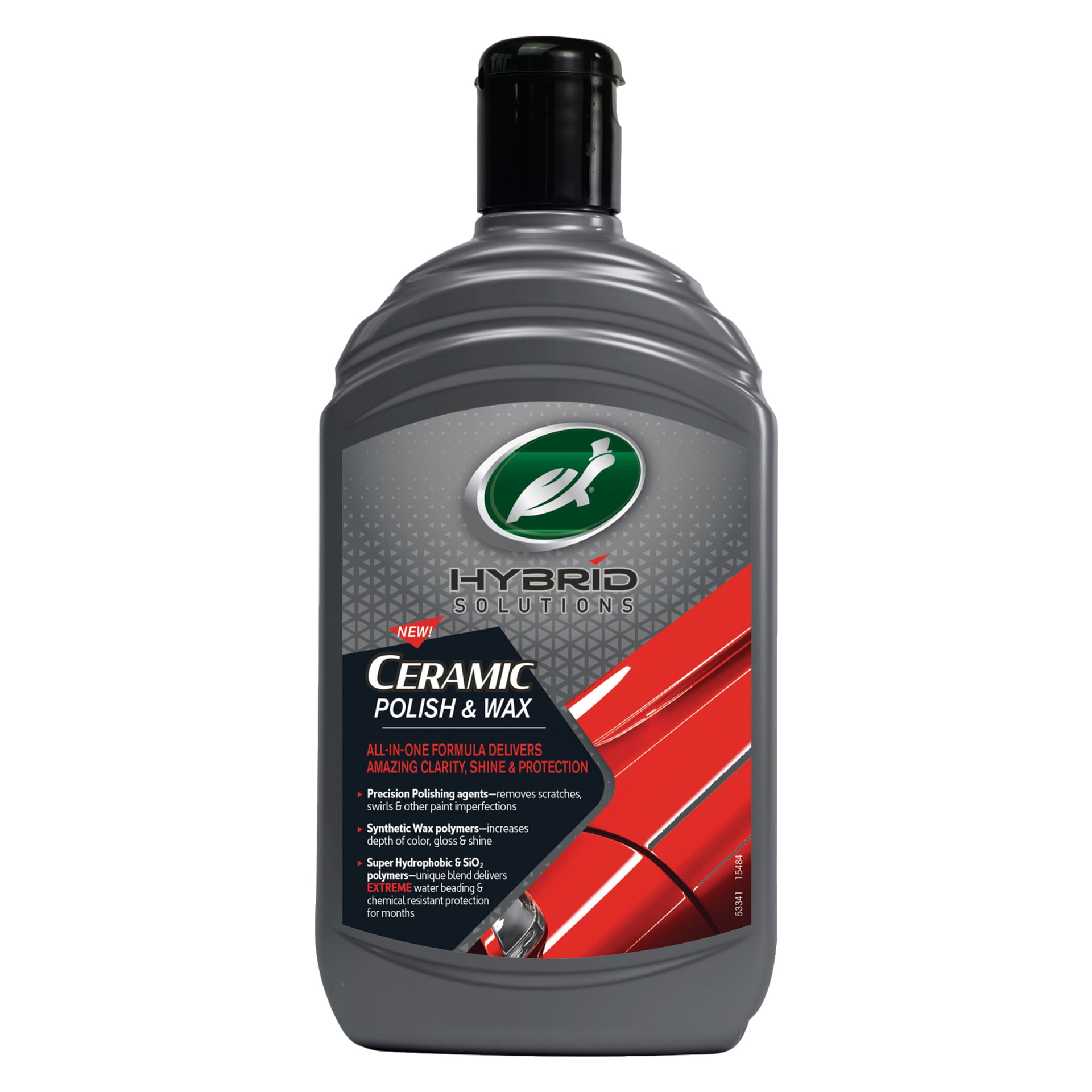 En grå flaska Turtle Wax HS Ceramic Polish & Wax visar en röd bilbild och en grön logotyp på etiketten, vilket främjar en allt-i-ett-lösning för att förbättra klarhet, glans, skydd och vattenpärl.