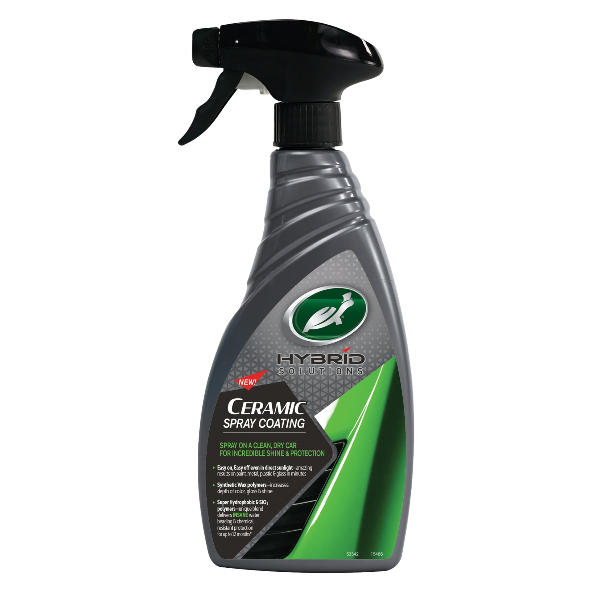 En grå sprayflaska med gröna detaljer märkt Turtle Wax Car Wax HS Ceramic Spray Coating, avsedd för bilbruk. Etiketten nämner fördelar som förbättrad glans, skyddande egenskaper, ett hydrofobt lager och ger även instruktioner för applicering.