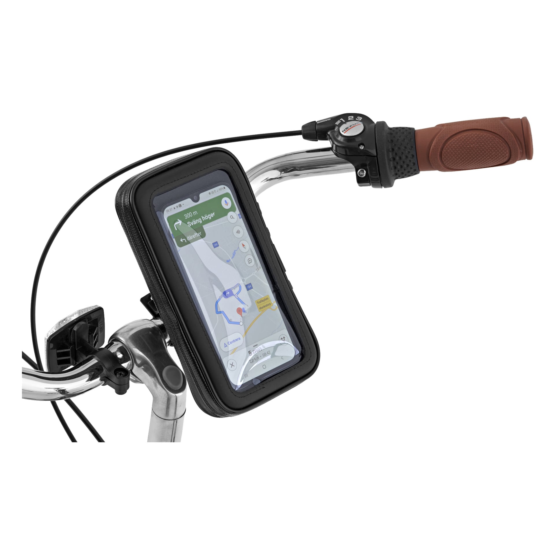 En svart Dunlop Bicycle-telefonveske er festet til styret, og holder en smarttelefon som viser en navigasjonsapp. Sykkelen har brune gummigrep.