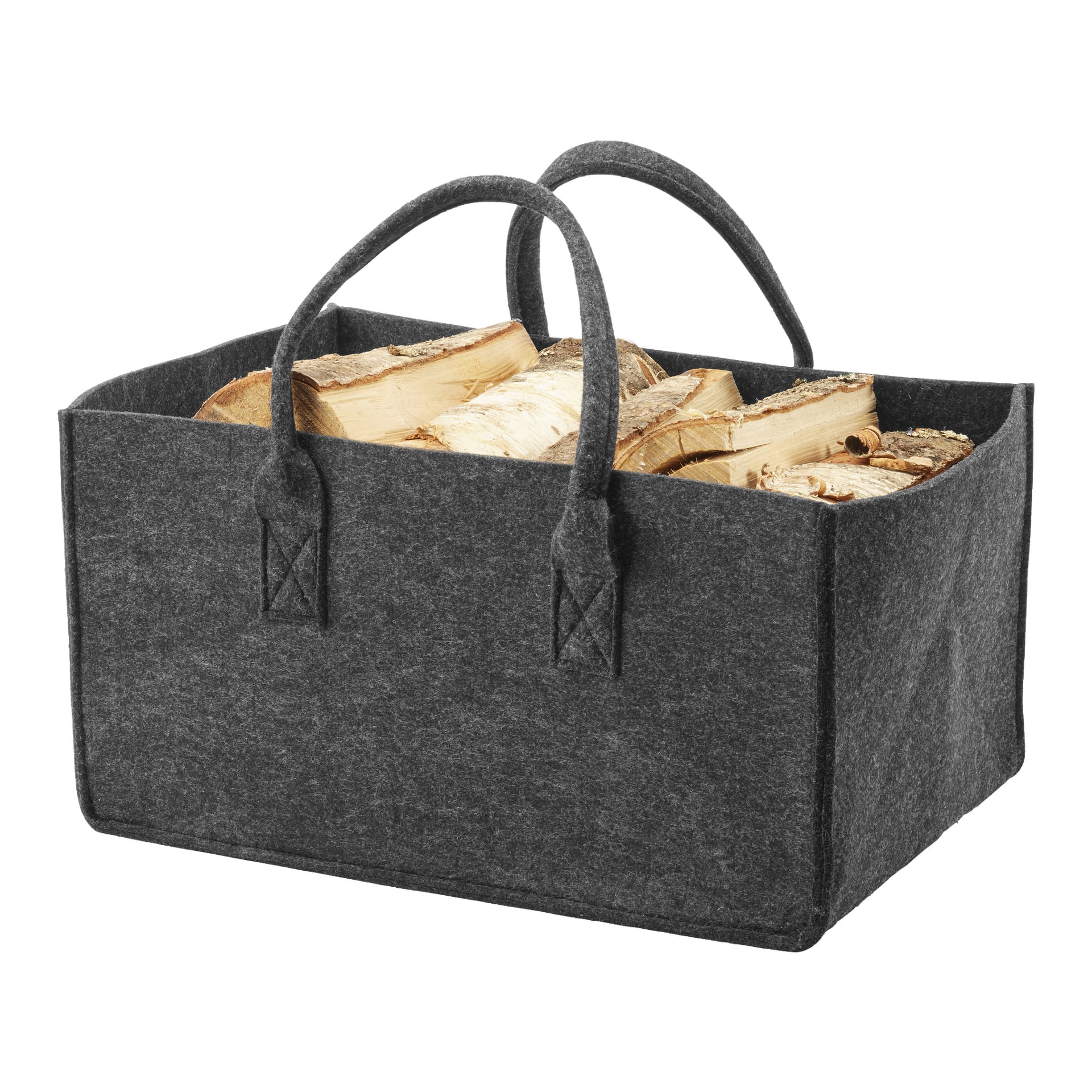 Anslut Log Basket – en hållbar, rektangulär låda av mörkgrå filt med två handtag, idealisk för transport eller förvaring av ved och andra tillhörigheter.
