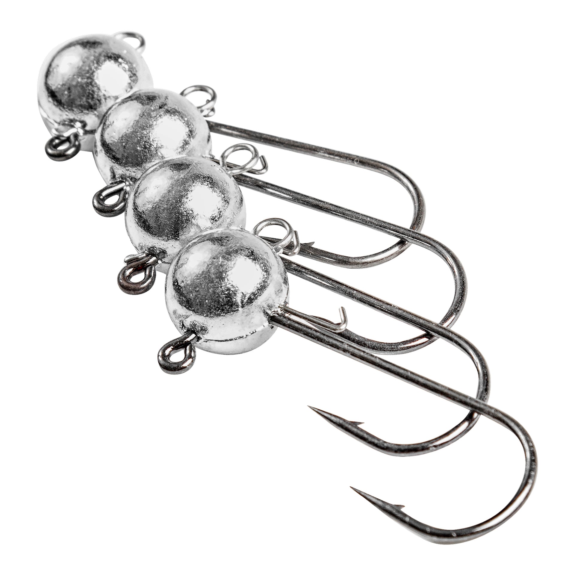 Fyra fiskekrokar för Fladen Jig är placerade diagonalt. Varje krok har en sfärisk metallkula vid ögat och en vass spetsig spets.