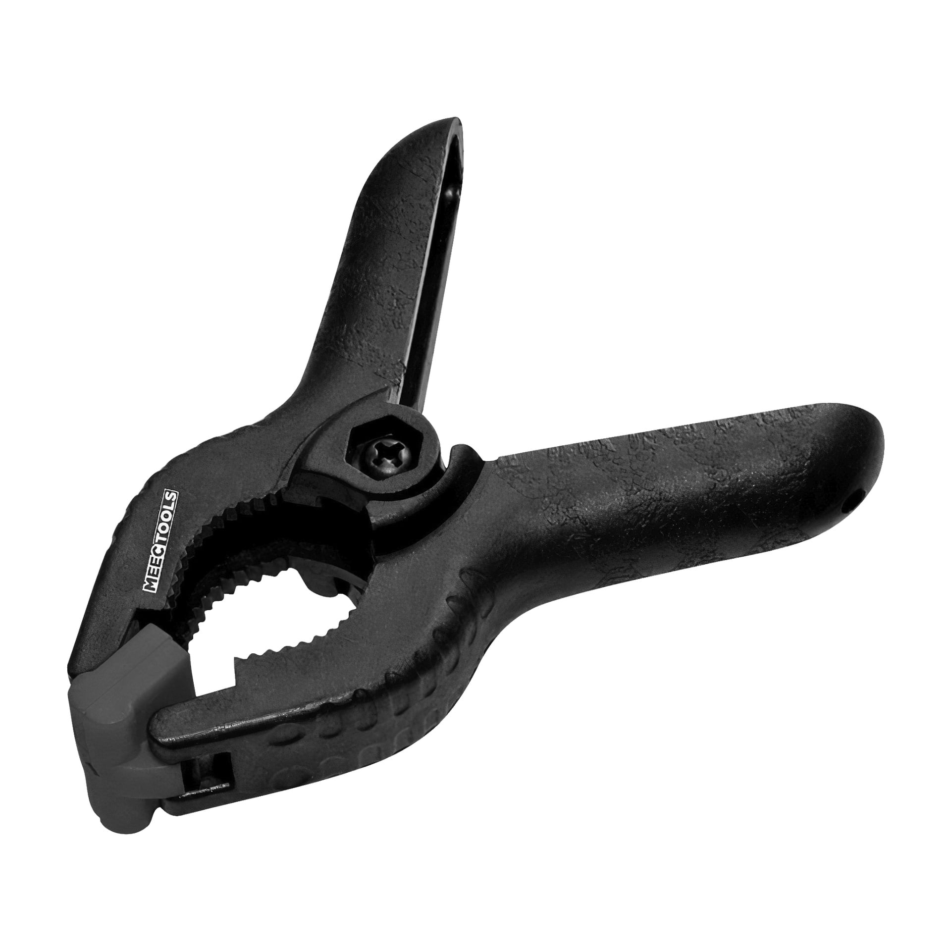 En delvis öppen svart plastfjäderklämma har strukturerade handtag och en käke med tänder för grepp. Sidan visar "Meec Tools"-märkningen, vilket indikerar att den kommer från Gluing Clamps 6 Pack-setet.