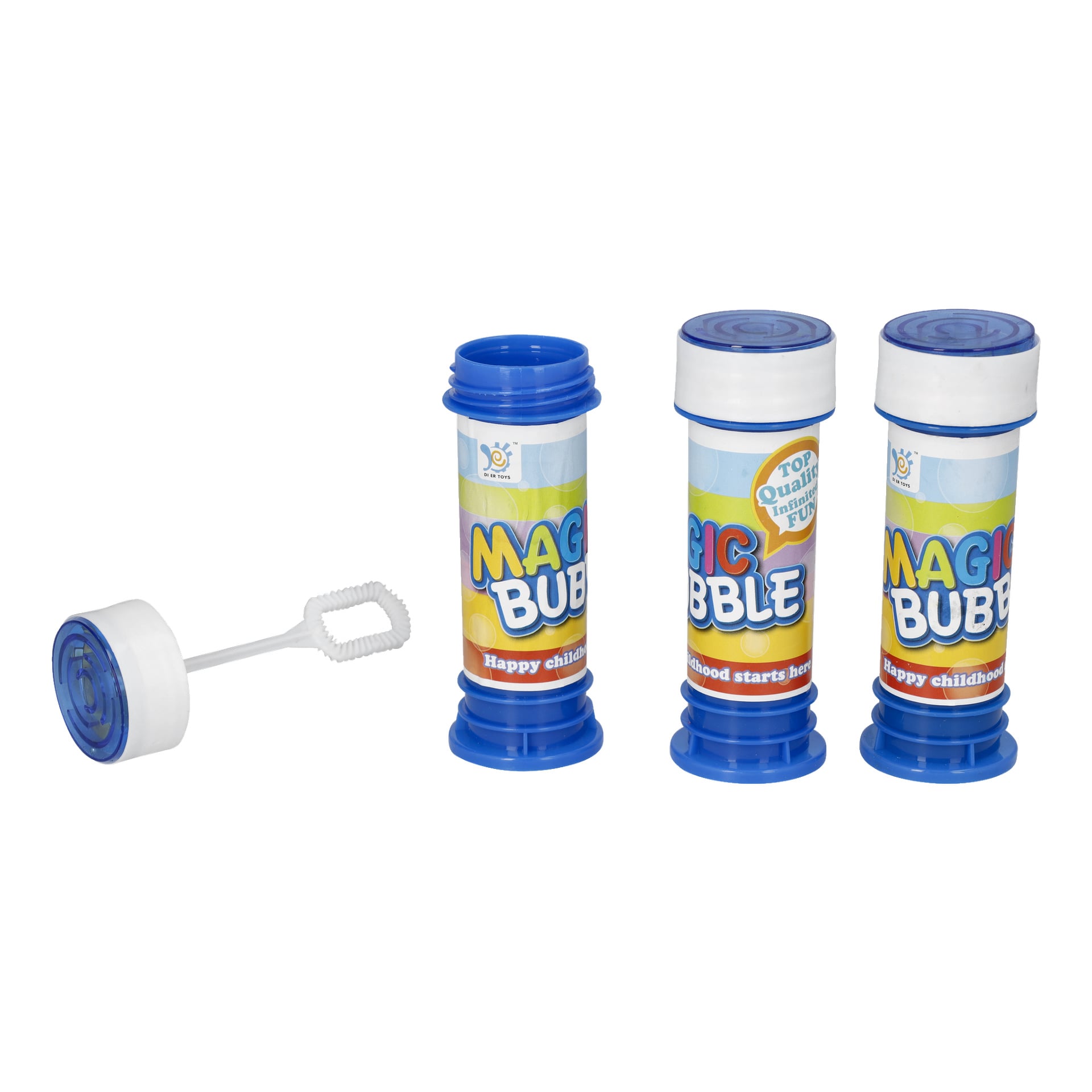 Tre Robetoys tvålbubbelbehållare i blått och vitt, var och en med färgglada, lekfulla etiketter som innehåller fraser som "Lycklig barndom" och "Top Quality Fun", står bredvid en bubbelstav med korken av.
