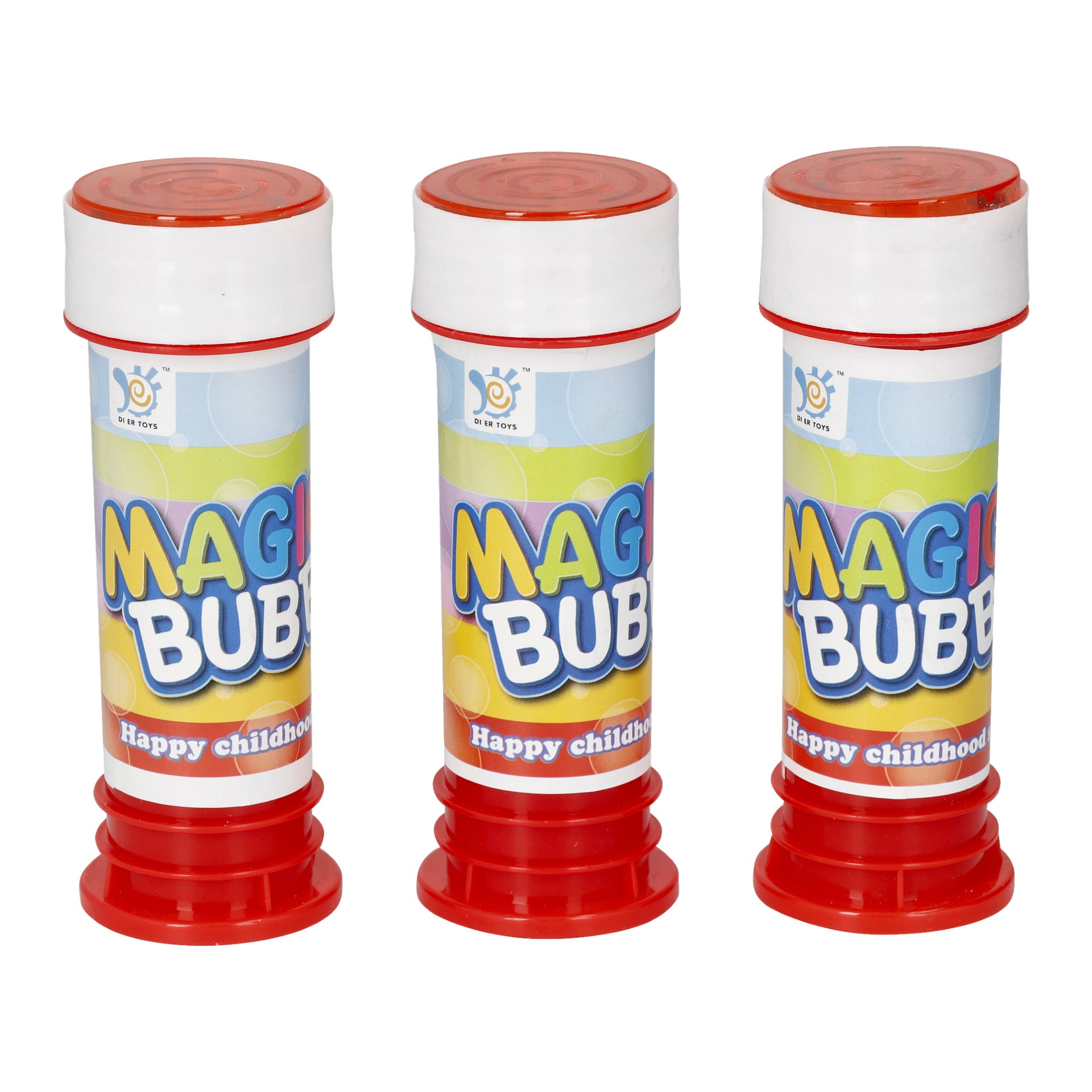 Tre Robetoys Soap Bubbles-flaskor, identiska till utseendet och placerade sida vid sida, har var och en en röd botten, vit kapsyl och en färgglad etikett med orden "MAGIC BUBBLES Lycklig barndom.