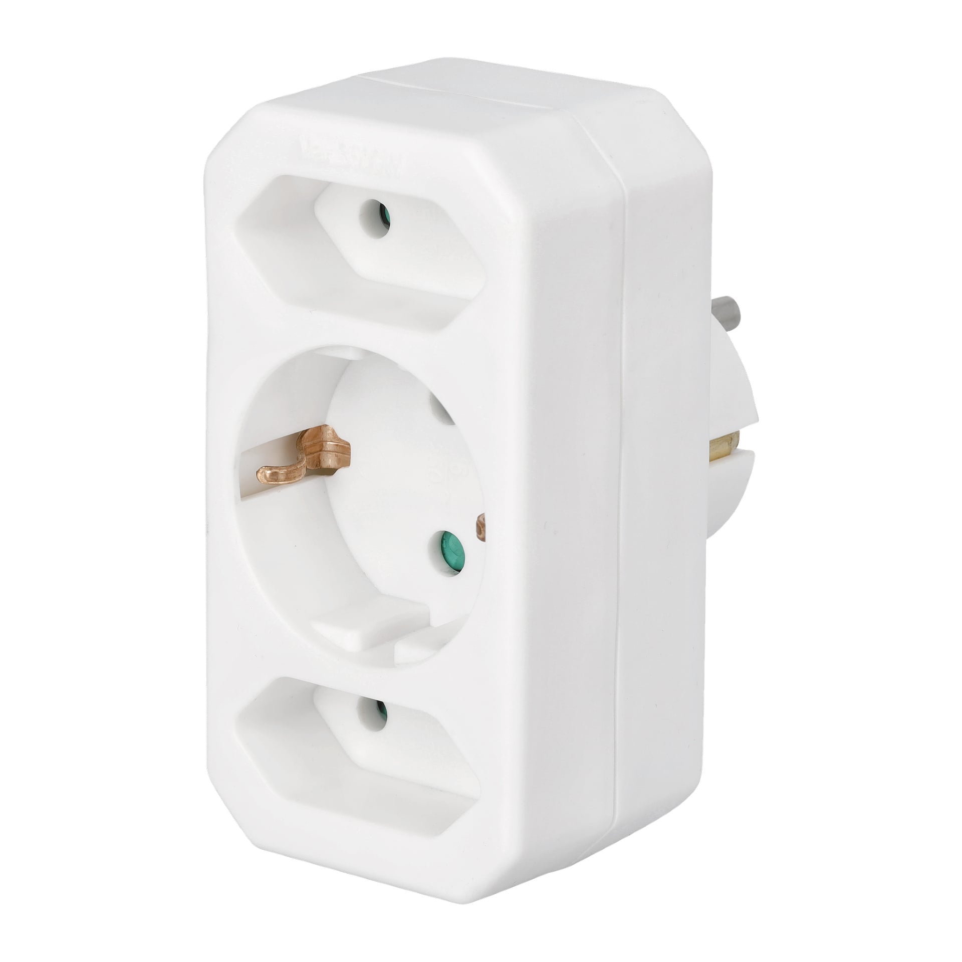 En hvit Anslut Multi-plugg kombi elektrisk adapter med rektangulært design, som gjør det mulig å utvide én veggkontakt til tre stikkontakter. Adapteren viser flere pluggspor og synlige jordingspinner inne i hver stikkontakt.