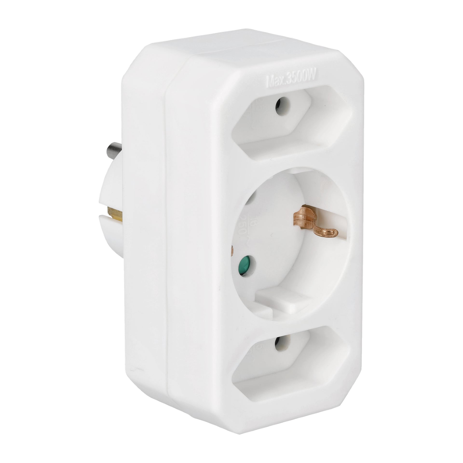 Anslut Multi-plug combi er en hvit, rektangulær adapter med to europeiske stikkontakter og viser en maksimal belastning på 3500W. Enheten har en innebygd plugg bak for direkte tilkobling til en stikkontakt.