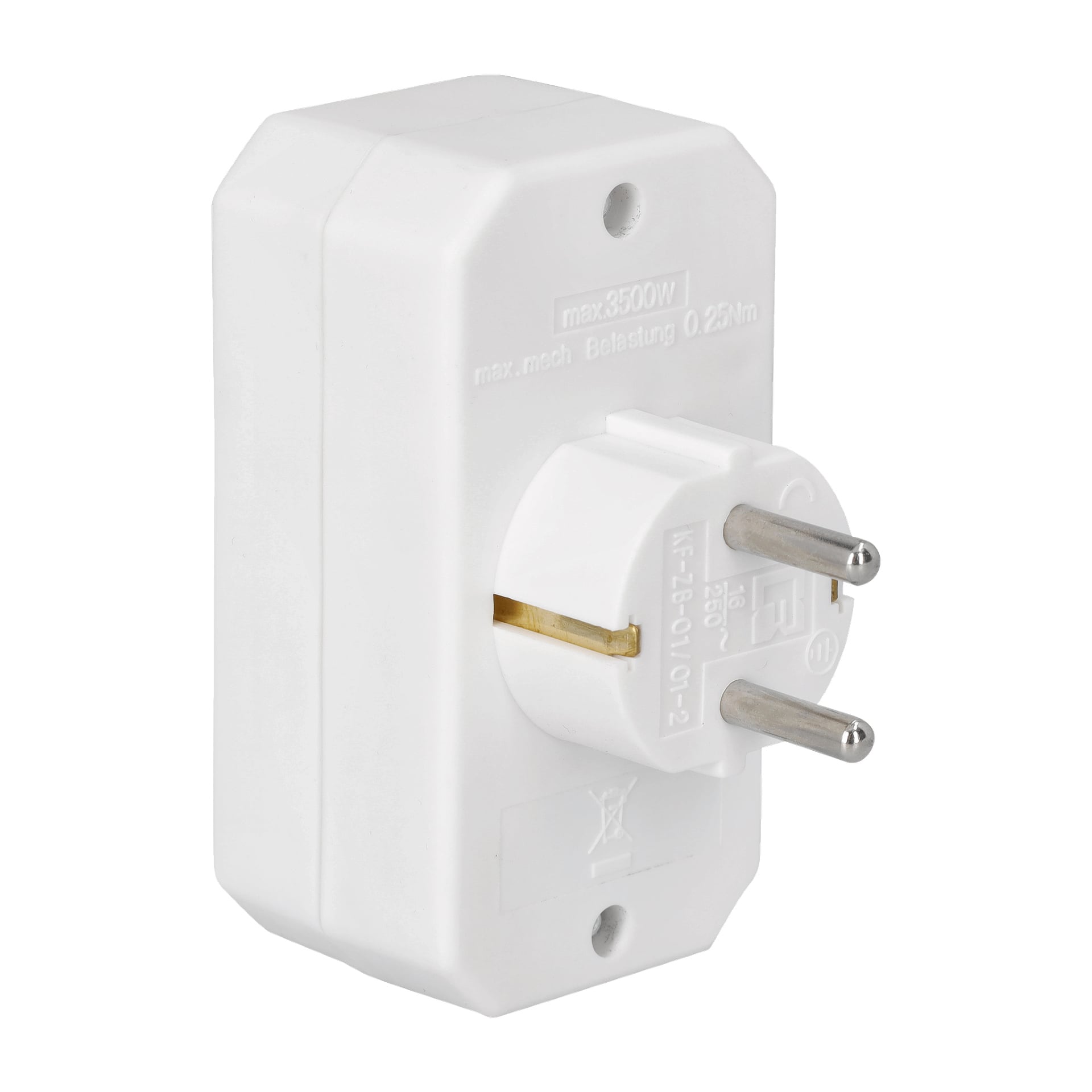 En rektangulær hvit Anslut Multi-plug kombiadapter med avrundede kanter, som viser en etikett for maksimal belastning på 3500W, vises med en hvit europeisk elektrisk plugg koblet til.