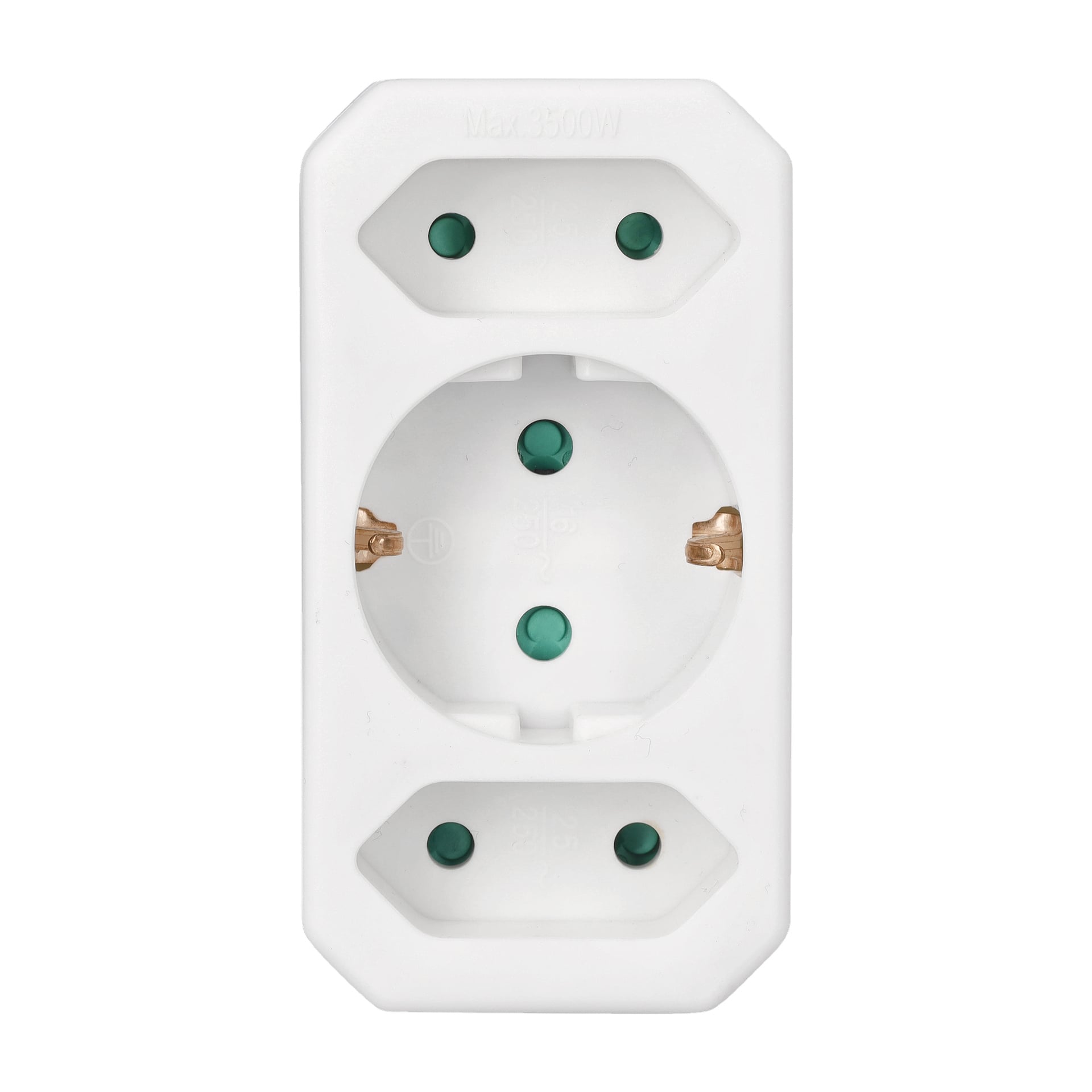 Hvit Anslut Multi-plug kombi stikkontaktadapter med tre vertikalt stablede stikkontaktåpninger, hver med grønne sikkerhetsdeksler. Midtkontakten har synlige metallkontakter, og en svak maksimal belastningsmarkering er plassert øverst.