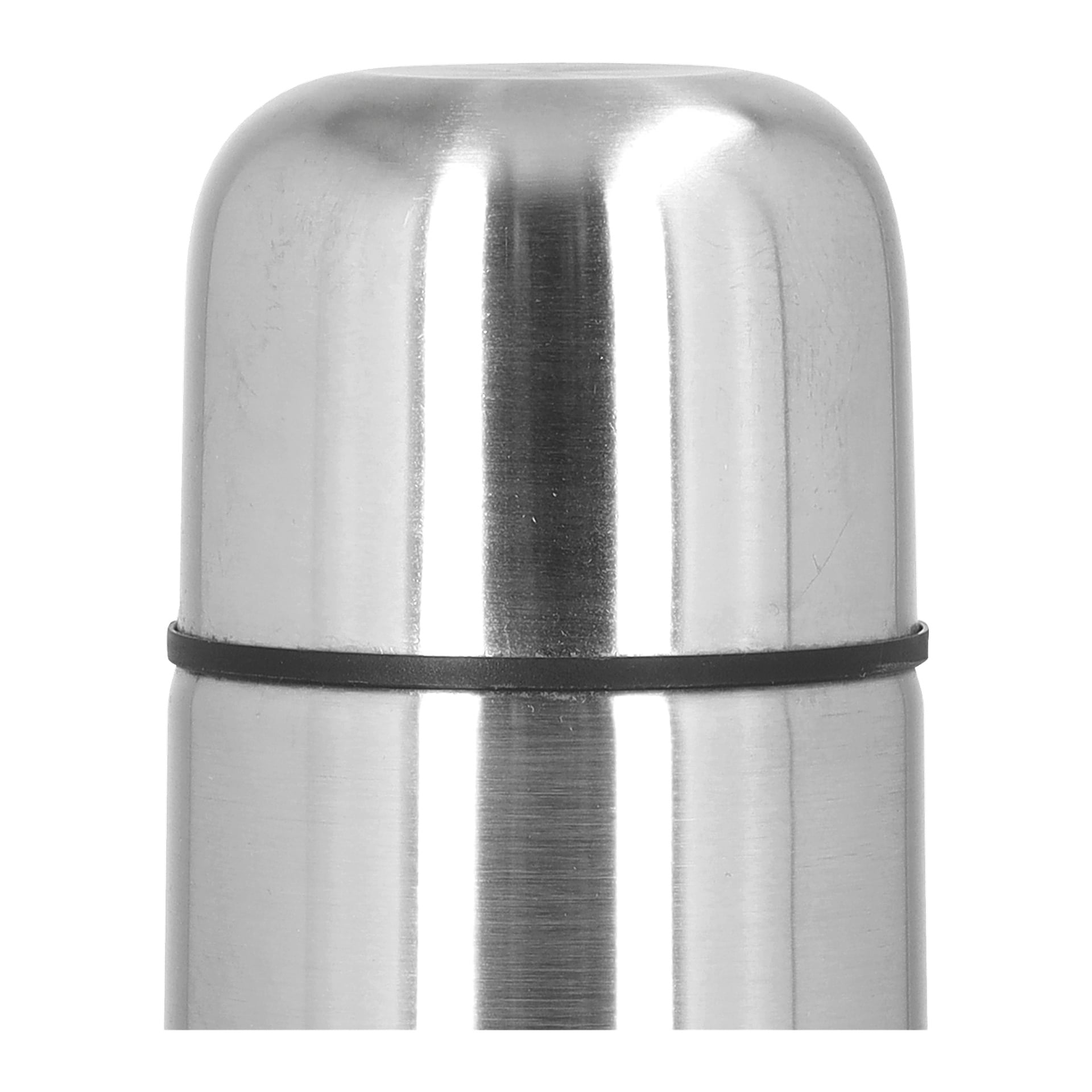 Den övre delen av Kayoba Vacuum Flask visas i detalj, med sin metalliska rostfria stålfasad och ett svart gummiband som omsluter området under locket.