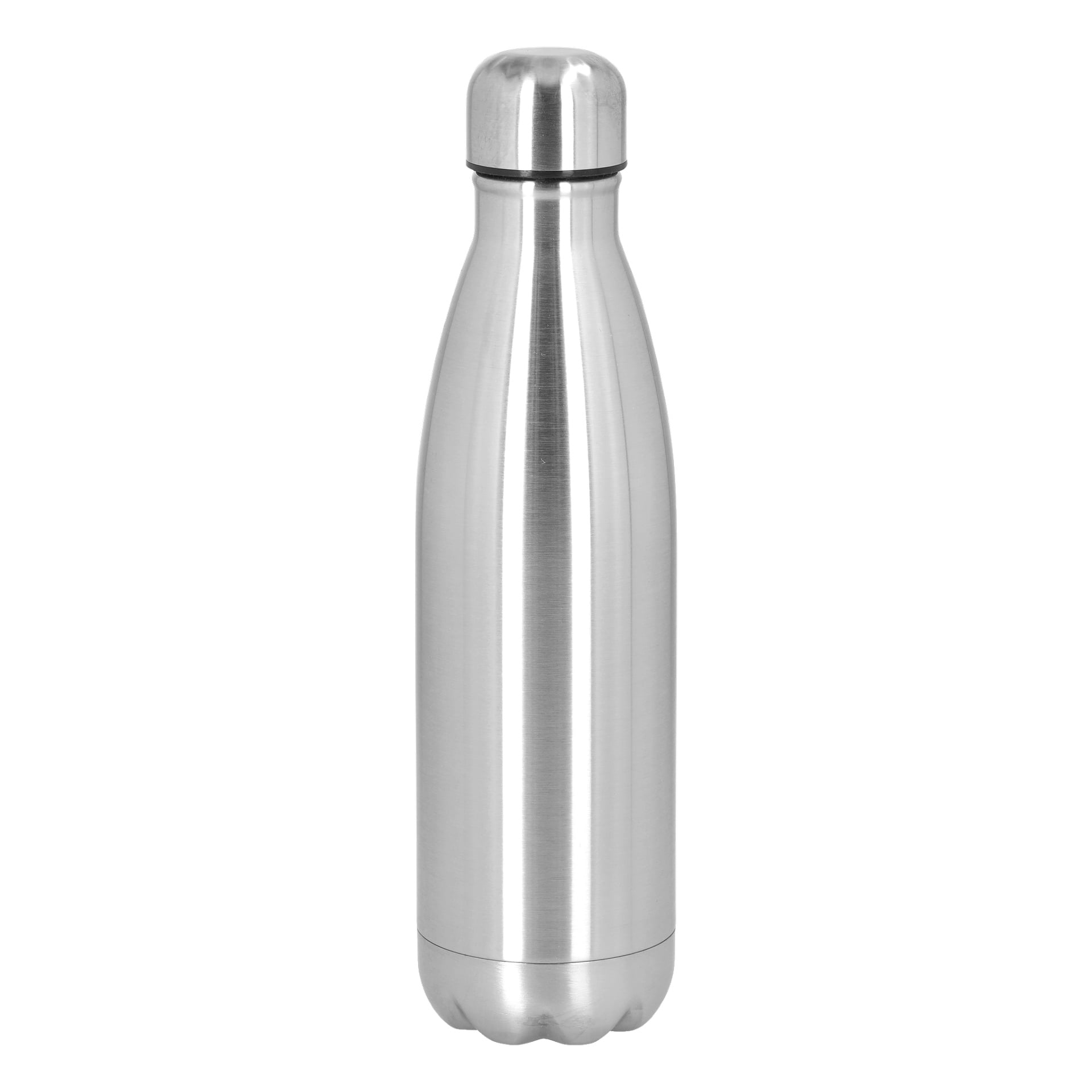 En Kayoba Steel-flaska med borstat metallutseende, tillverkad av rostfritt stål, har dubbelväggig isolering och ett skruvlock, placerat upprätt.