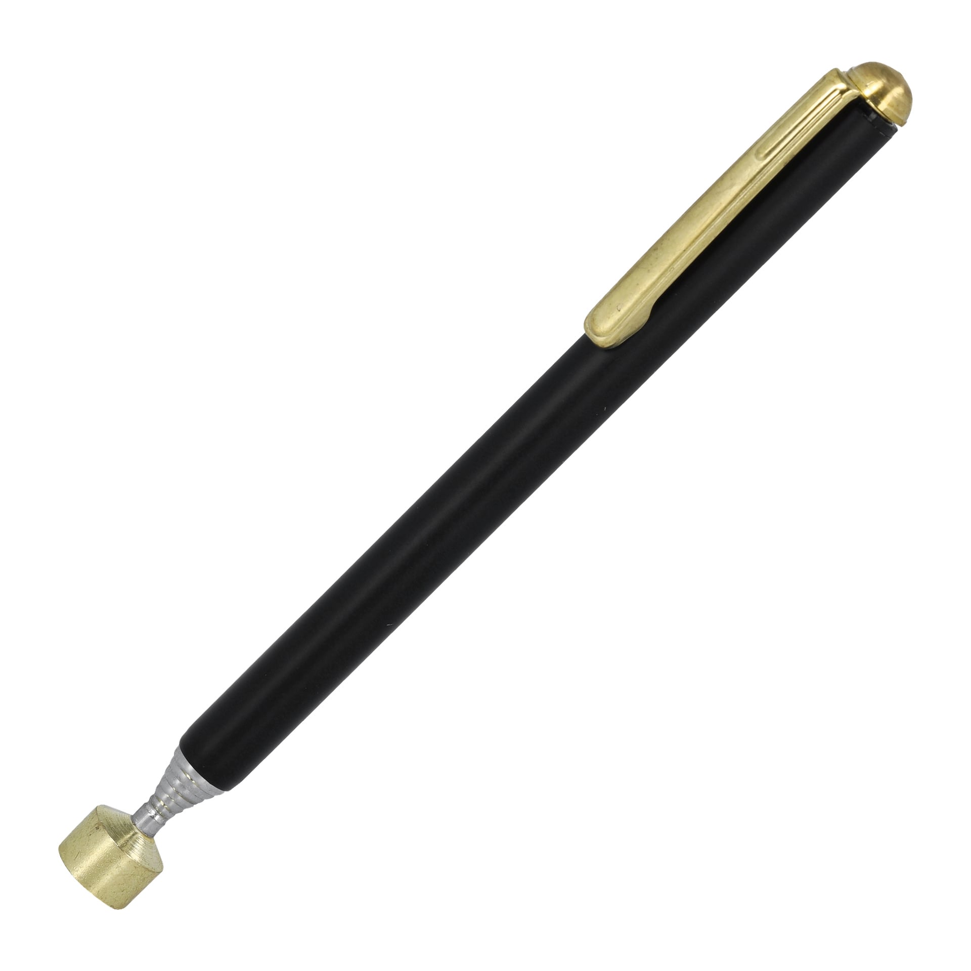 Ett svart och guldfärgat teleskopiskt magnetverktyg från Meec Tools, utformat som en penna med en guldfickklämma och en liten cylindrisk magnet i spetsen.
