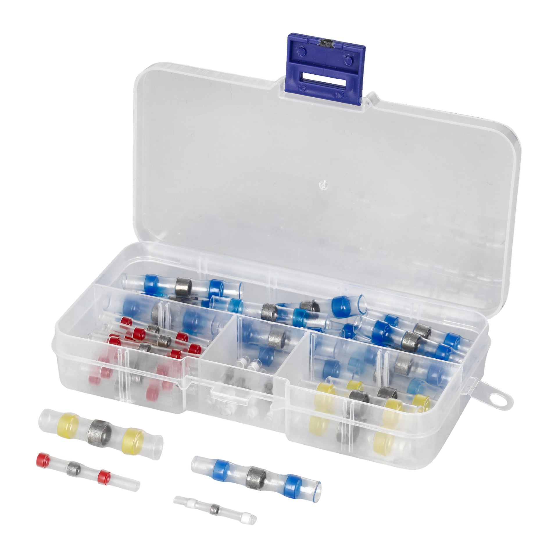 Ett transparent Hamron-fodral märkt "Soldered joint sleeves 50 pieces" rymmer fem fack med olika röda, blå, vita och gula krymptrådskontakter, med extra kontakter placerade framför dosan.