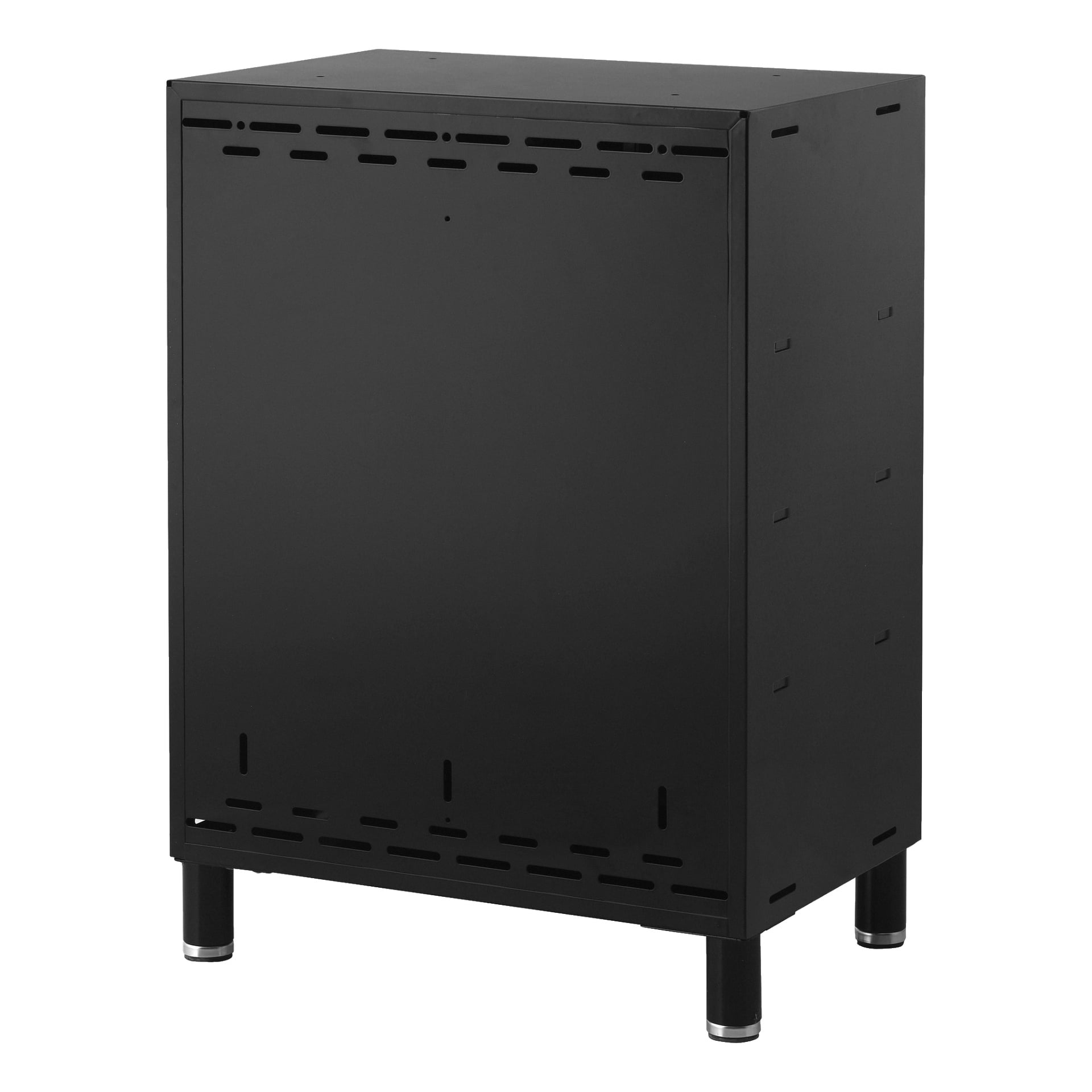 Hard Head Tool-skåpet med två dörrar har en slank svart metallkonstruktion och en slät framsida. Ventilationsspår löper längs de övre och nedre kanterna, och den står på fyra korta cylindriska ben. Designad för att förvara föremål eller hålla elektronisk utrustning organiserad.
