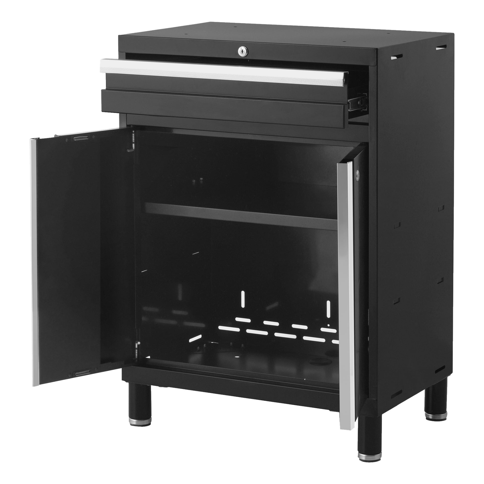 Ett svart metall Hard Head Tool Cabinet visas med en låsbar översta låda som är uppdragen och två nedre dörrar vidöppna, vilket blottar ett tomt förvaringsfack inuti. Kabinettet stöds av fyra ben.