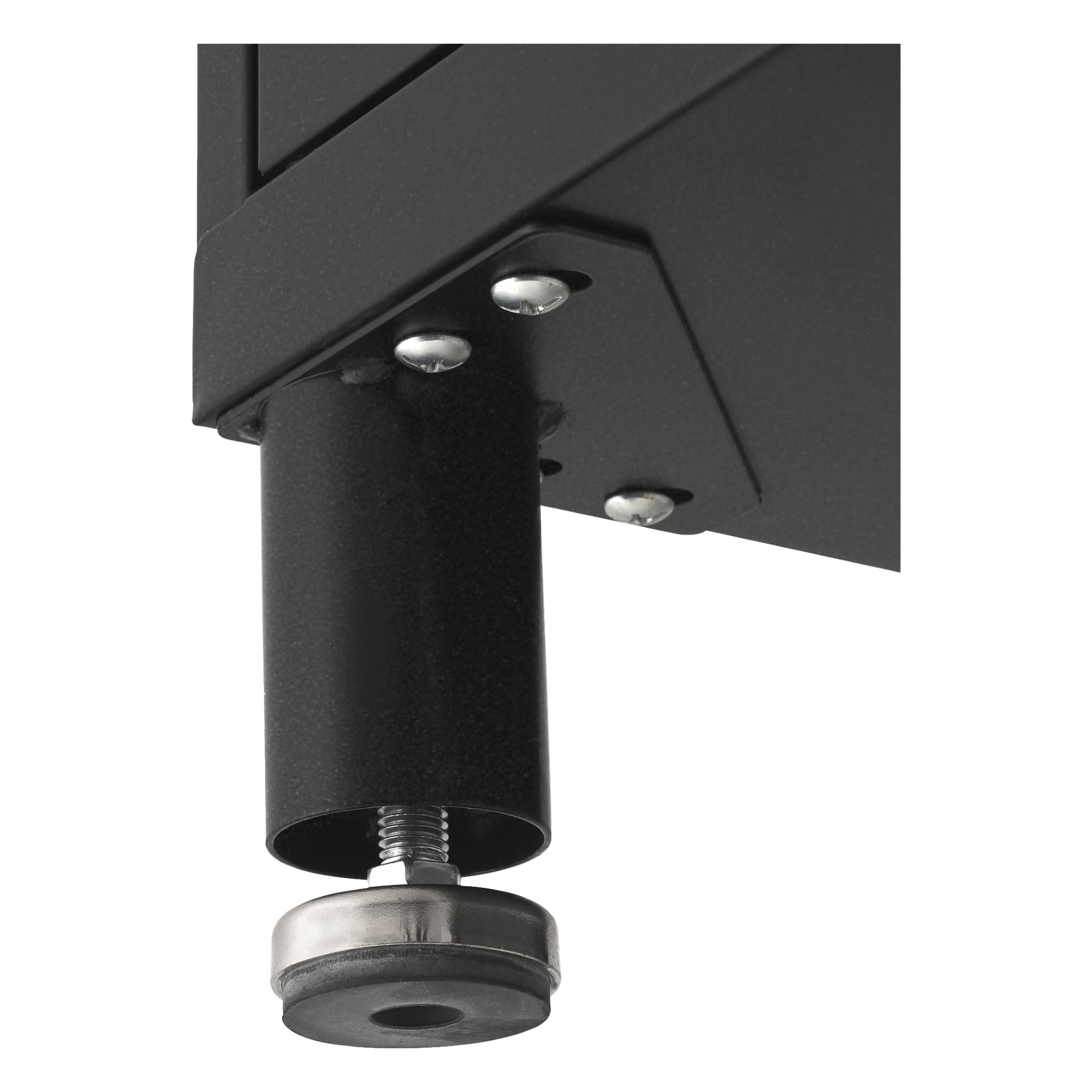 Detaljerad vy av ett metallben på Hard Head Tool-skåpet med två dörrar, med en cirkulär justerbar nivellerfot vid basen. Flera skruvar är fastsatta i skåpets svarta ram.
