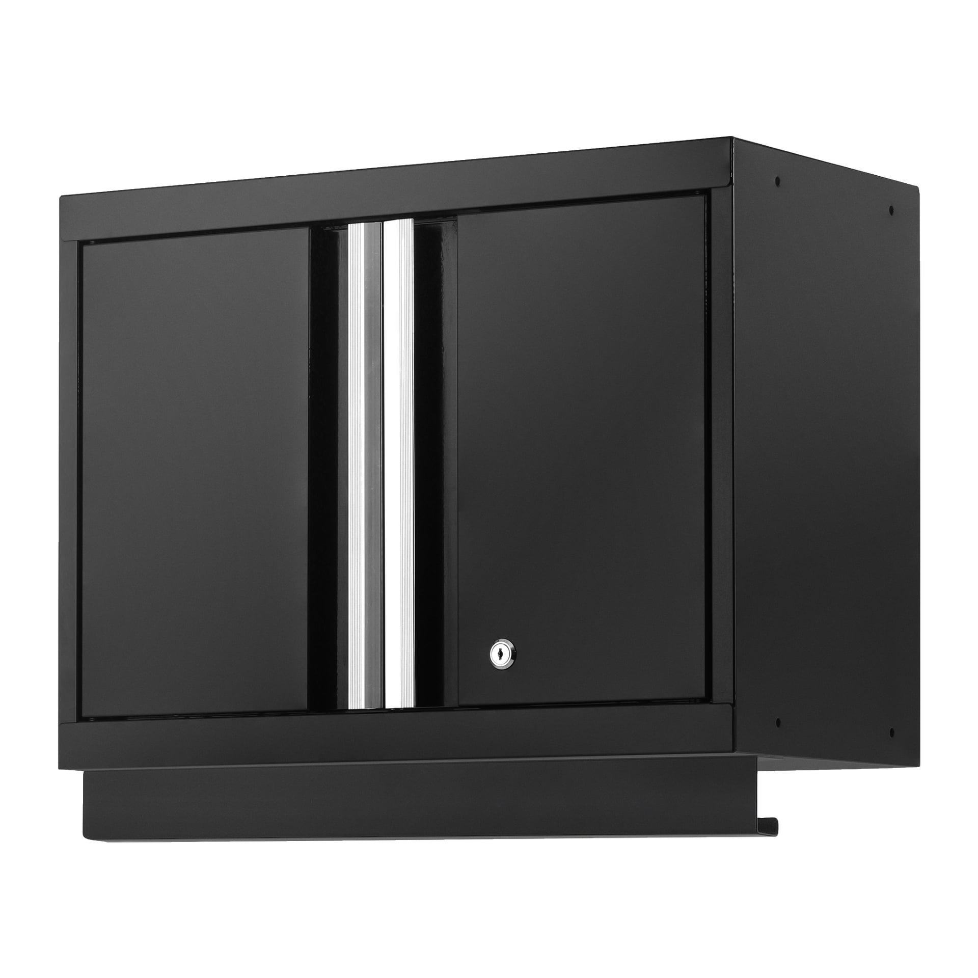 Hard Head Wall Cabinet 2 Doors har et slankt svart metalldesign med to skyvedører fremhevet av en vertikal sølvaksent, og er utstyrt med en liten lås nederst til høyre.