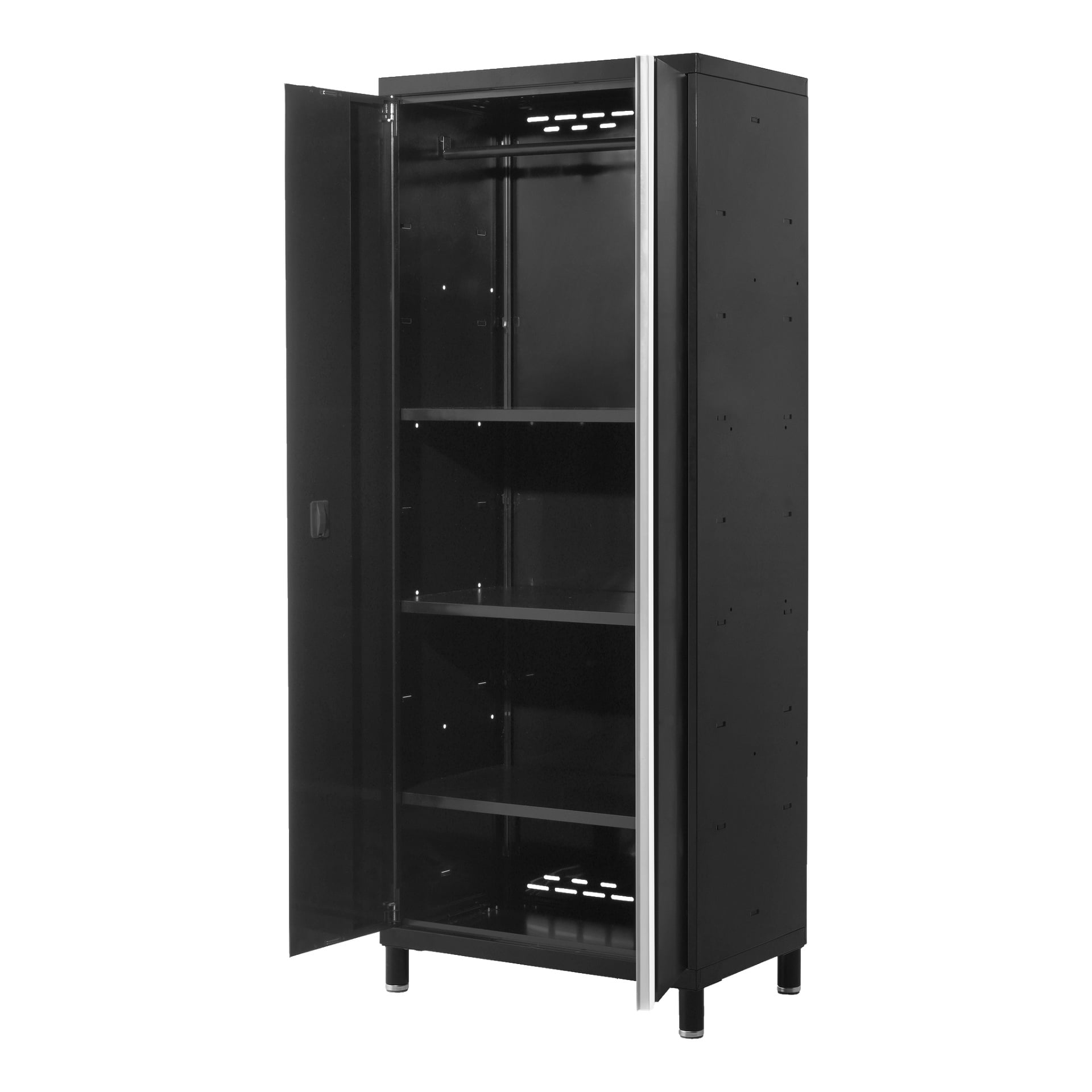 Et høyt svart metall Hard Head Storage-skap med to dører, fire ben og tre hyller inni. En dør står delvis åpen, og viser det tomme interiøret.