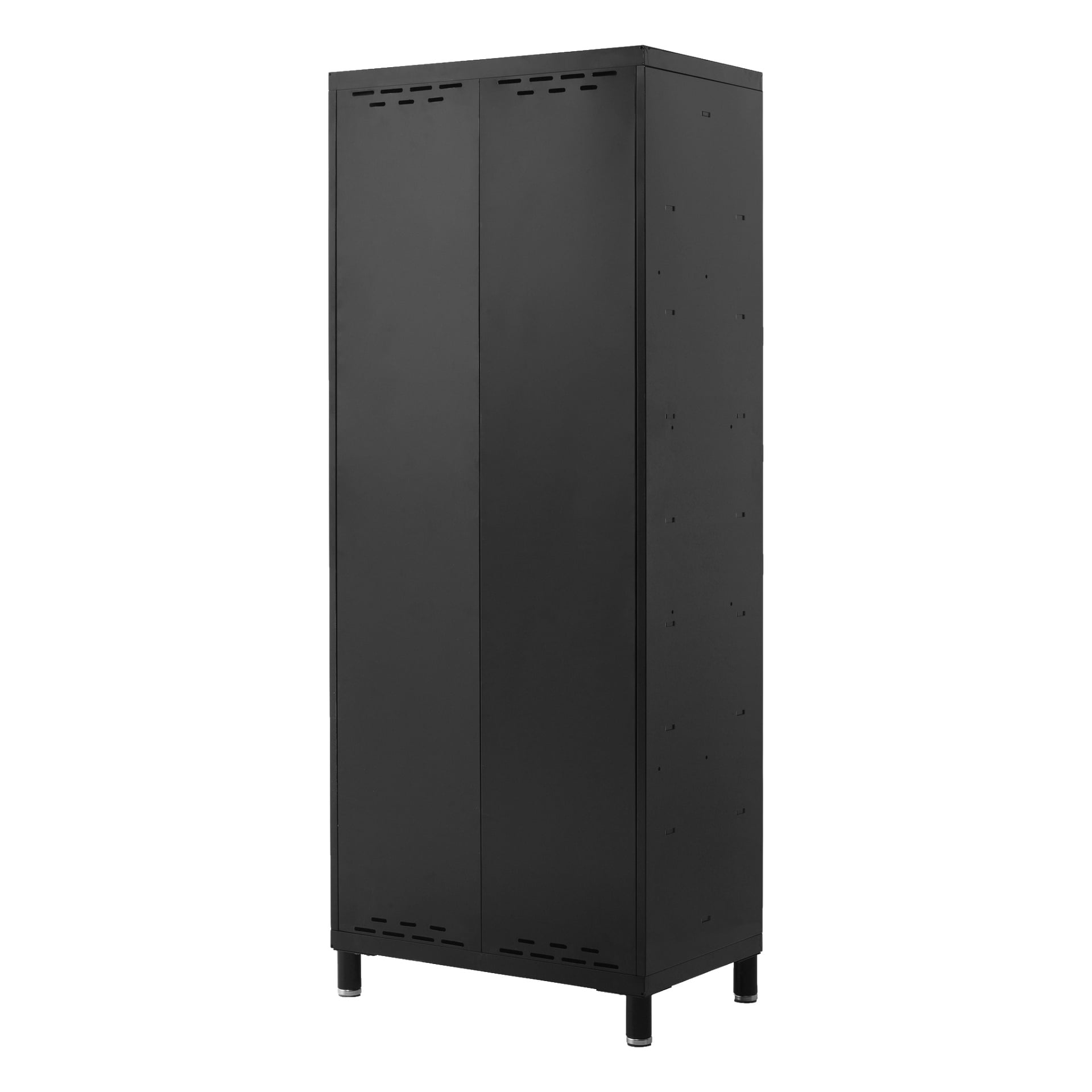 Et Hard Head Storage skap med to dører, laget av høyt svart metall. Den har ventilasjonsåpninger øverst og nederst, fire korte ben, og en slank, enkel fasade.