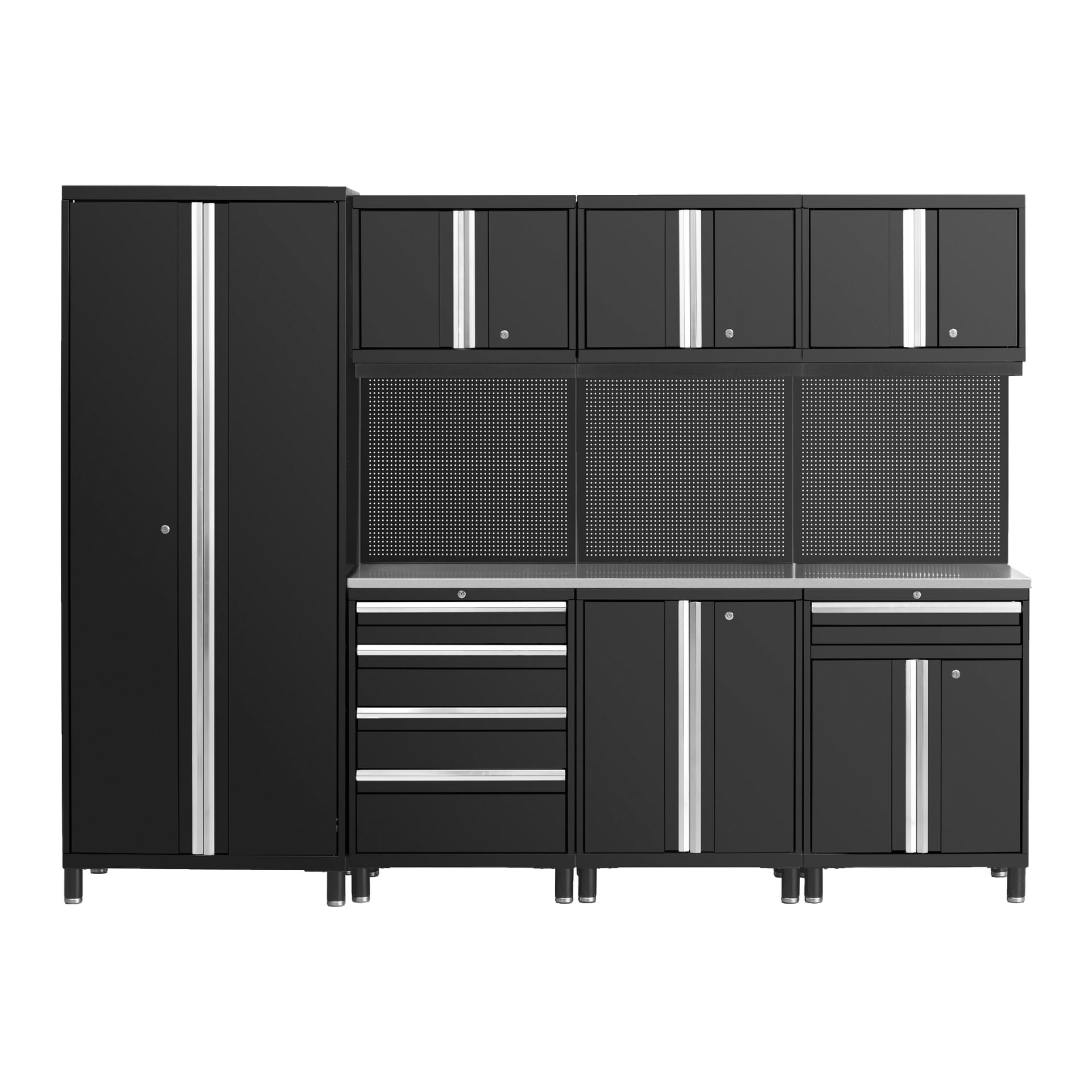 Ett svart metall Hard Head "Tool cabinet 2 doors" garageförvaringssystem med flera skåp, lådor, en arbetsbänk med vertikala silverhandtag och en perforerad metallstänkskydd monterad ovanför disken.