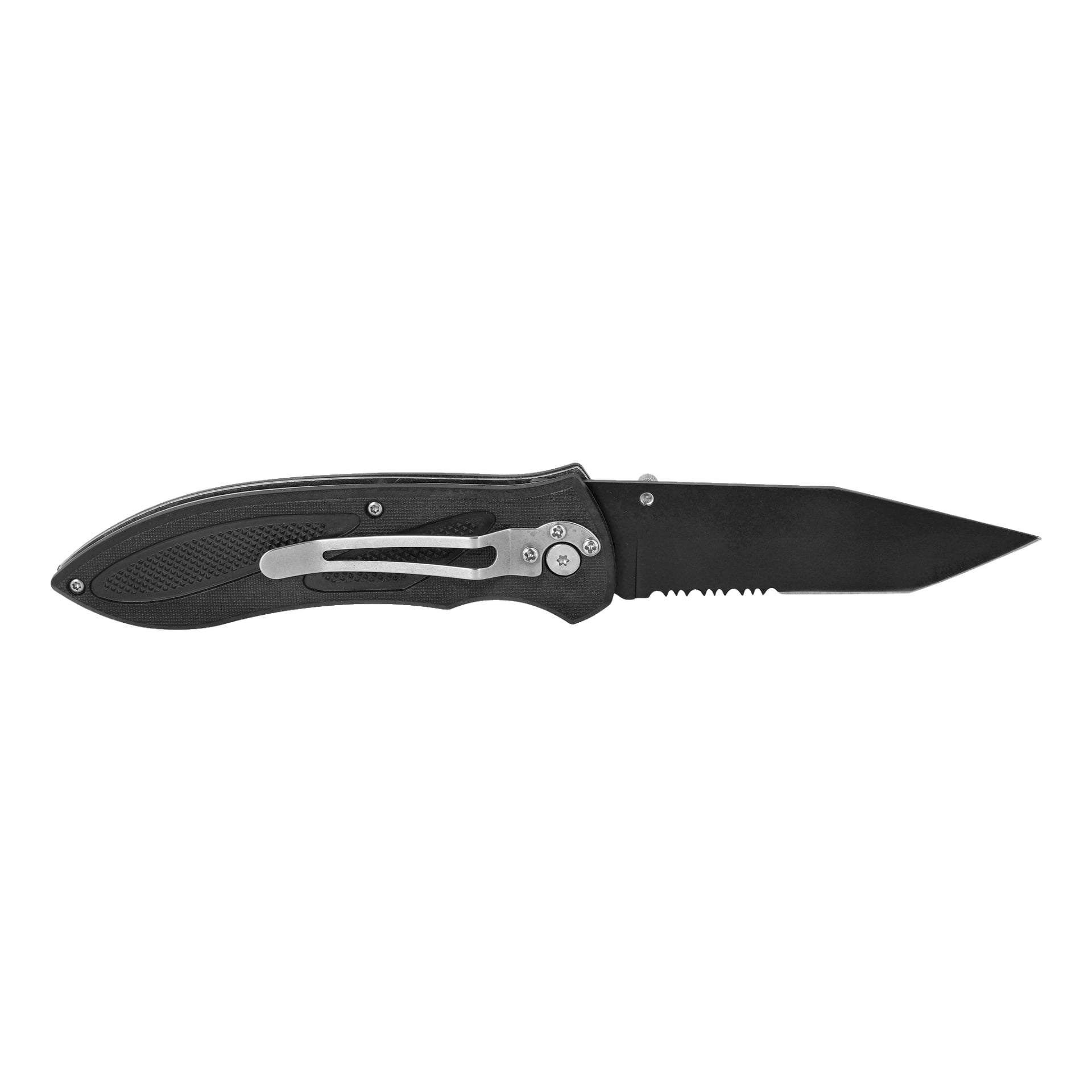 En vikt Kayoba Jackkniv med svart, delvis tandad tanto-blad, texturerat grepp och en metallfickklämma synlig på ena sidan.