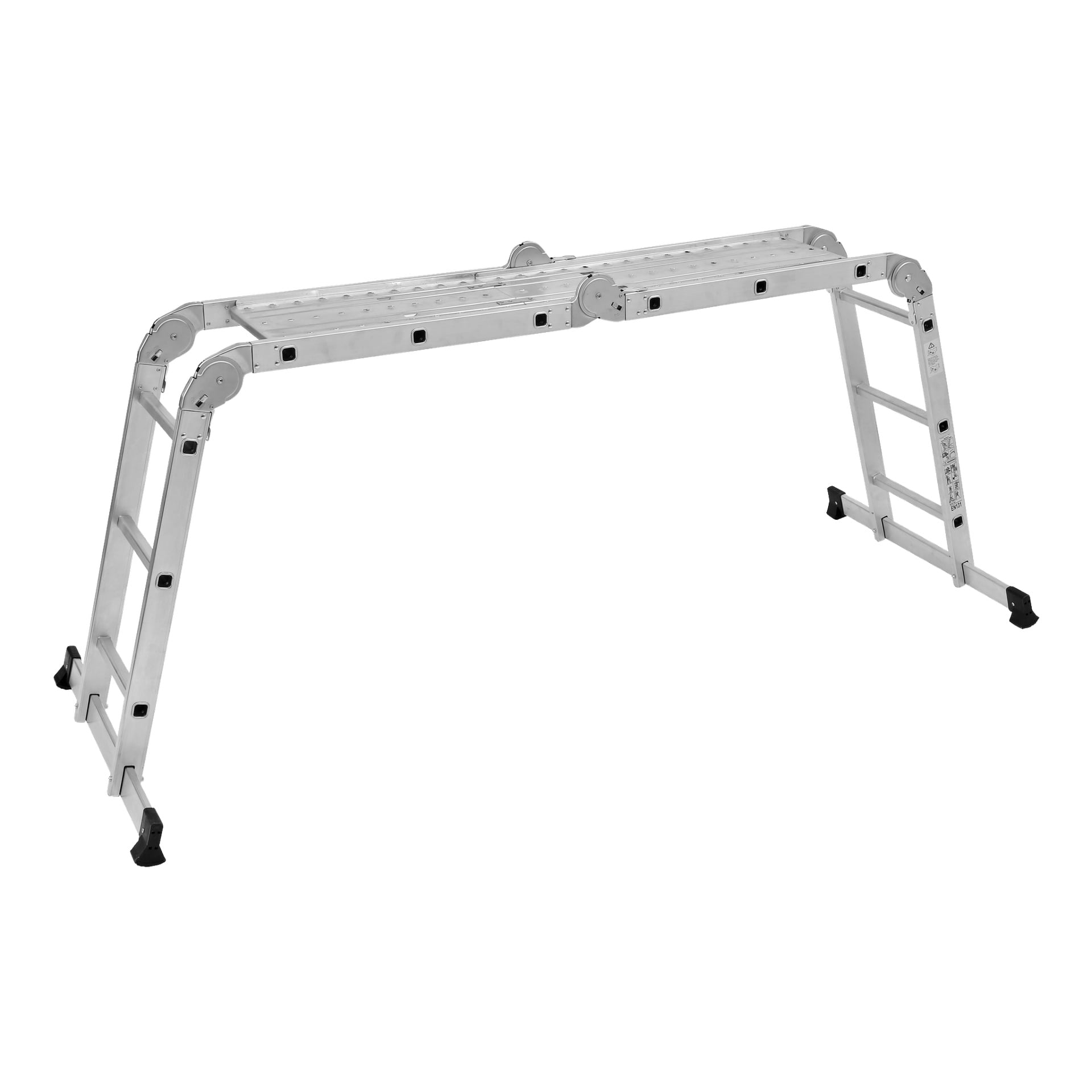 Hard Head Multi-ladder med plattform, som erbjuder en 4x3-stegskonfiguration, har en fällbar aluminiumram och svarta gummifötter. Den visas uppställd i plattformsläge på golvet.