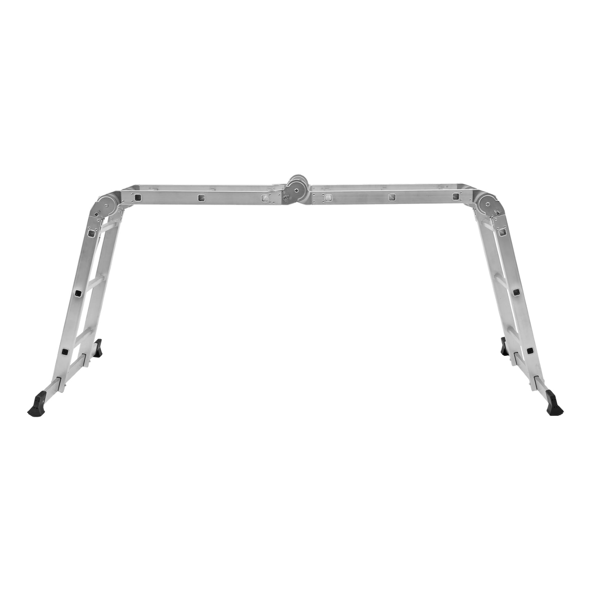 En Hard Head Multi-ladder med plattform och 4x3 steg står helt utfälld i A-ram, med svarta gummifötter i alla ändar för säkert stöd.