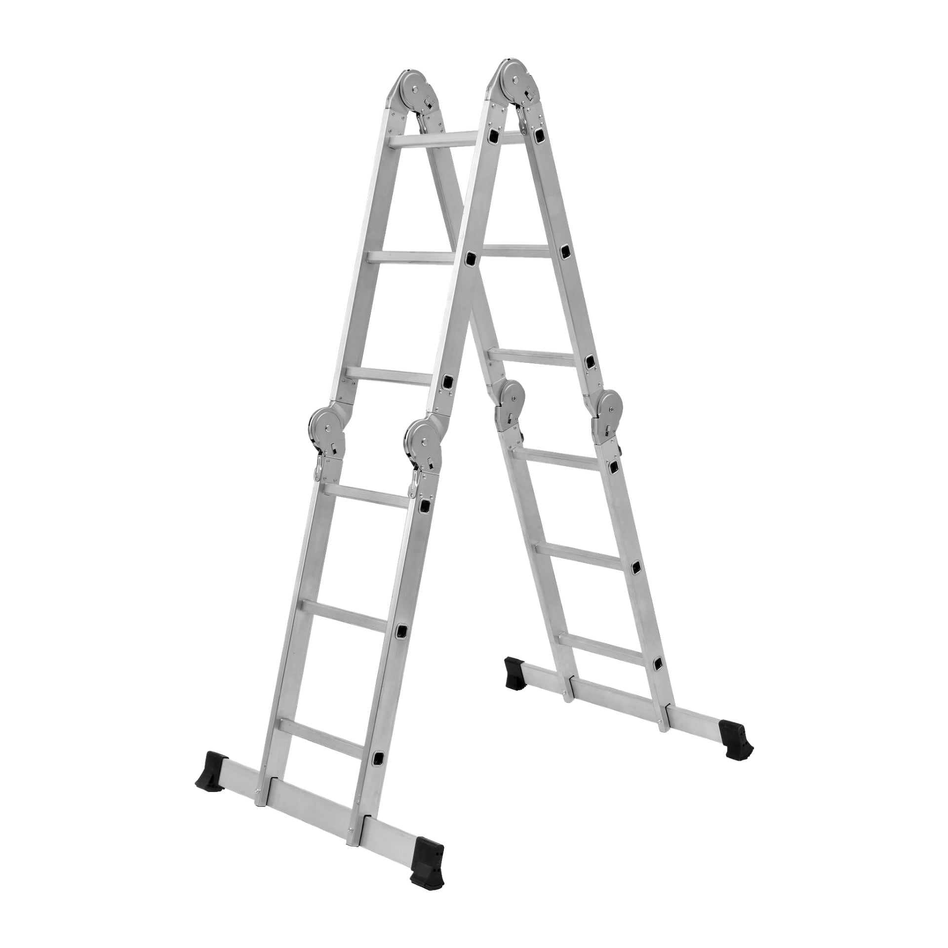 En Hard Head Multi-ladder med en 4x3-plattform visas i en A-ramskonfiguration. Stegen har en silverfärgad aluminiumram med flera leder för justerbar höjd och form, och svarta gummifötter ger stabilitet vid basen.
