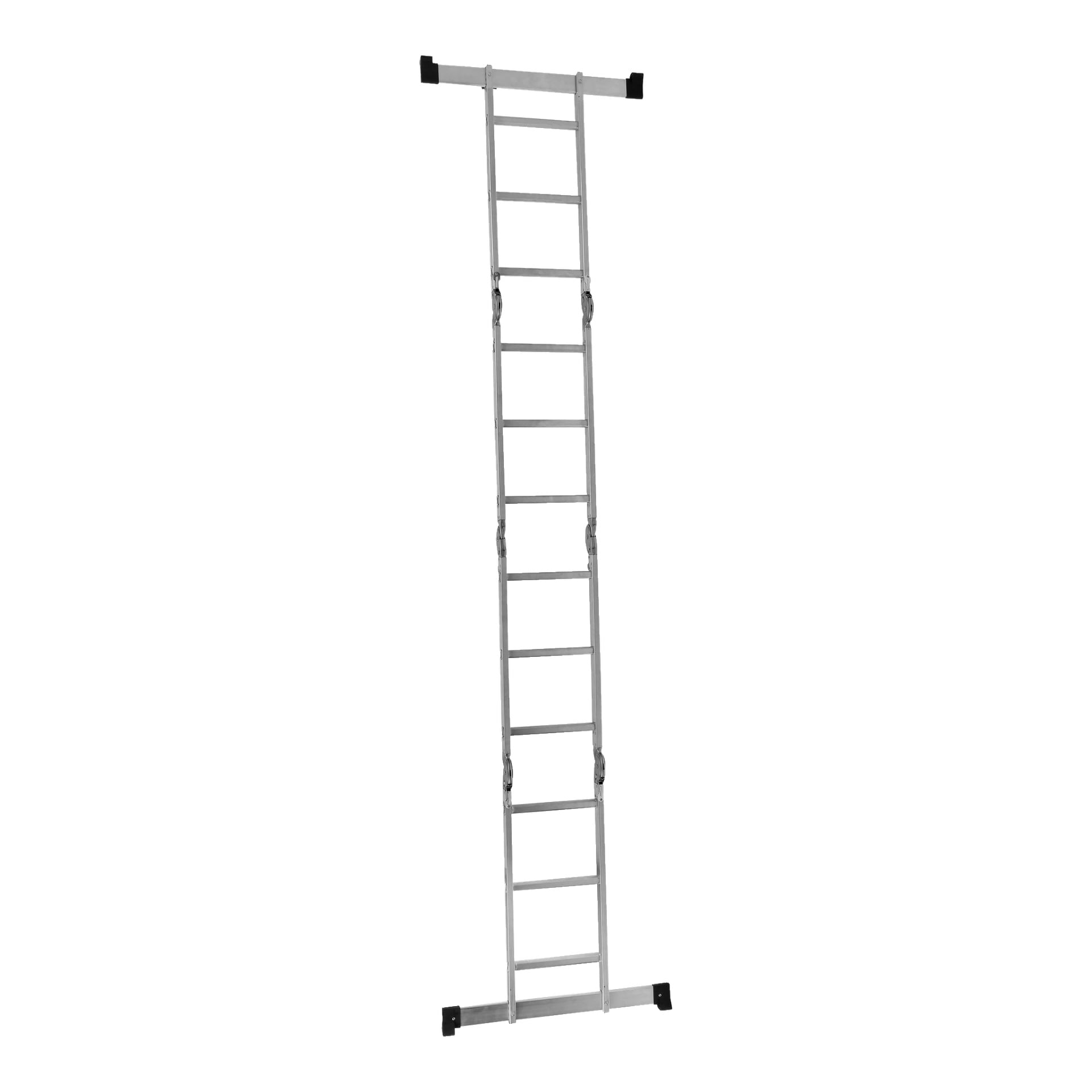 En fullt utfälld Hard Head Multi-ladder med plattform, 4x3 trappsteg och svarta gummifötter står upprätt.