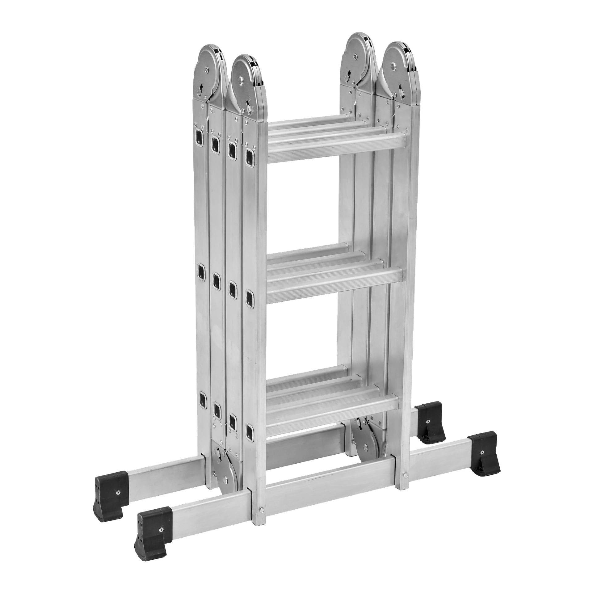 En Hard Head Multi-stege med plattform (4x3 trappsteg) står vikt upprätt, utrustad med stabiliseringsstänger och svarta gummilock i varje ände.