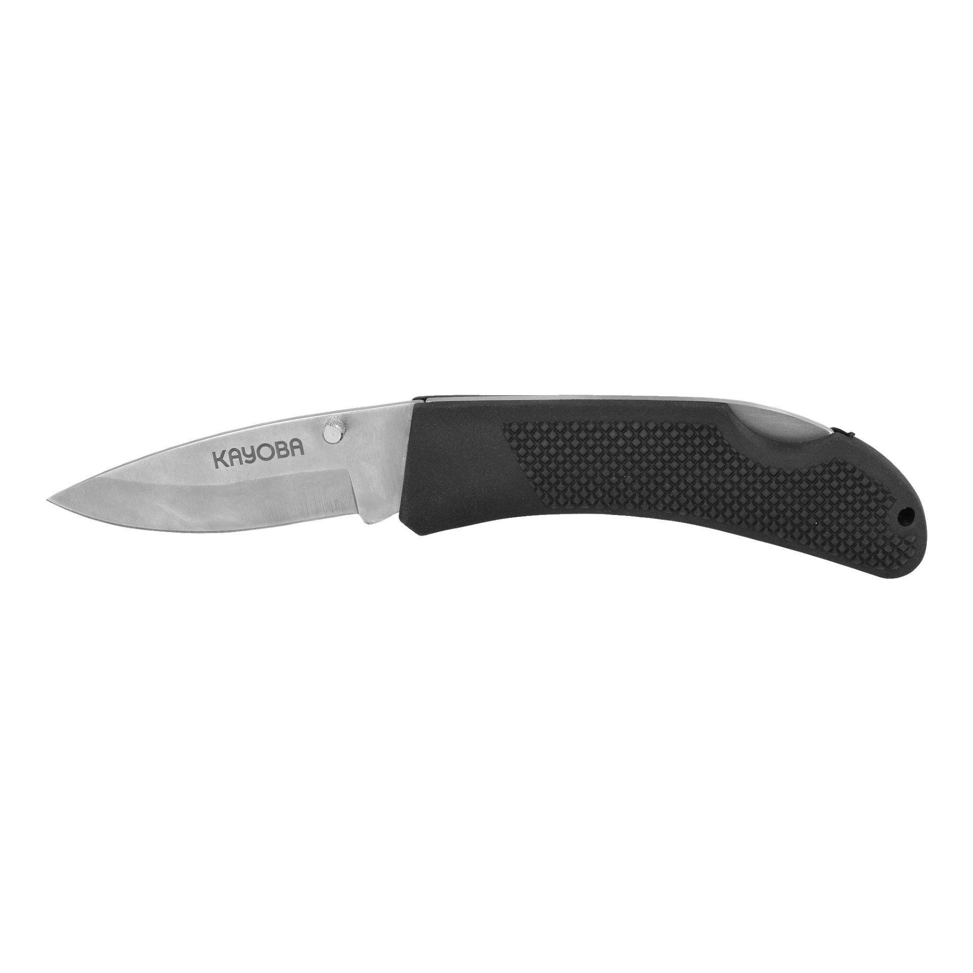 En Kayoba jackkniv med ett rostfritt stålblad och ett svart texturerat handtag. Det öppna bladet visar det graverade varumärket KAYOBA.
