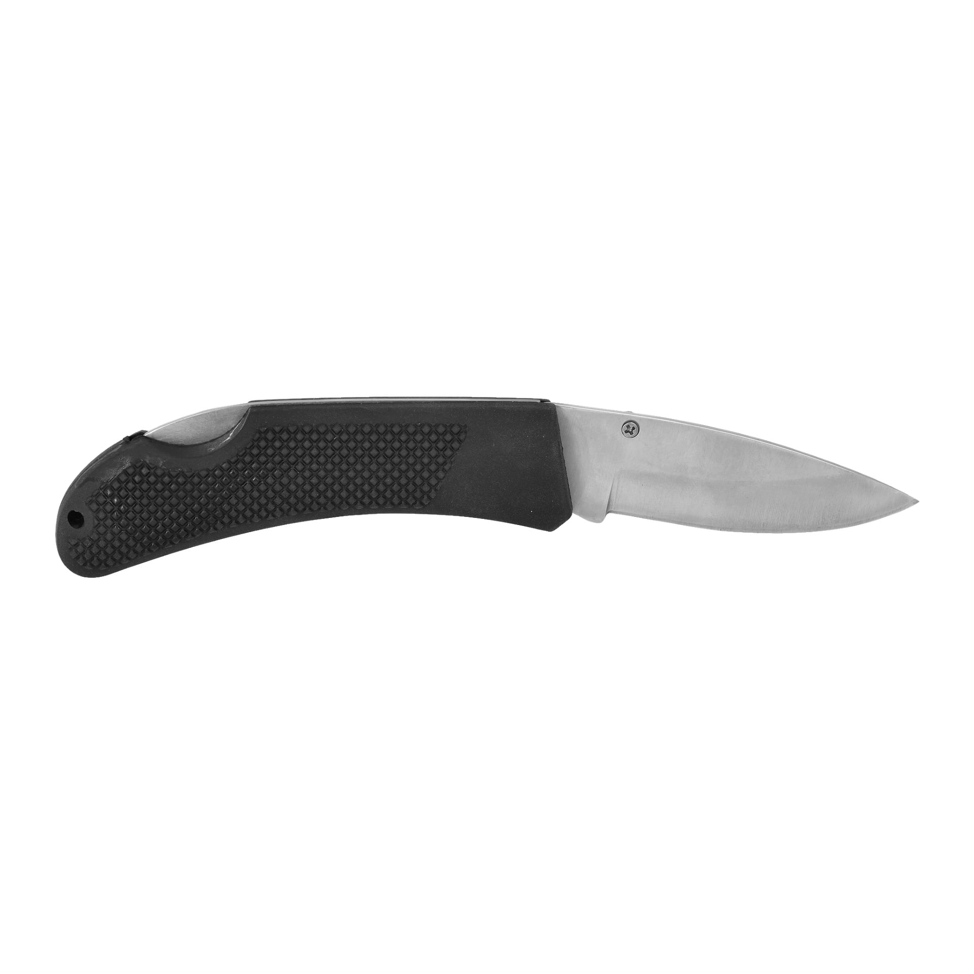 En Kayoba Jack-kniv med svart texturerat handtag och ett delvis öppet rostfritt stålblad.