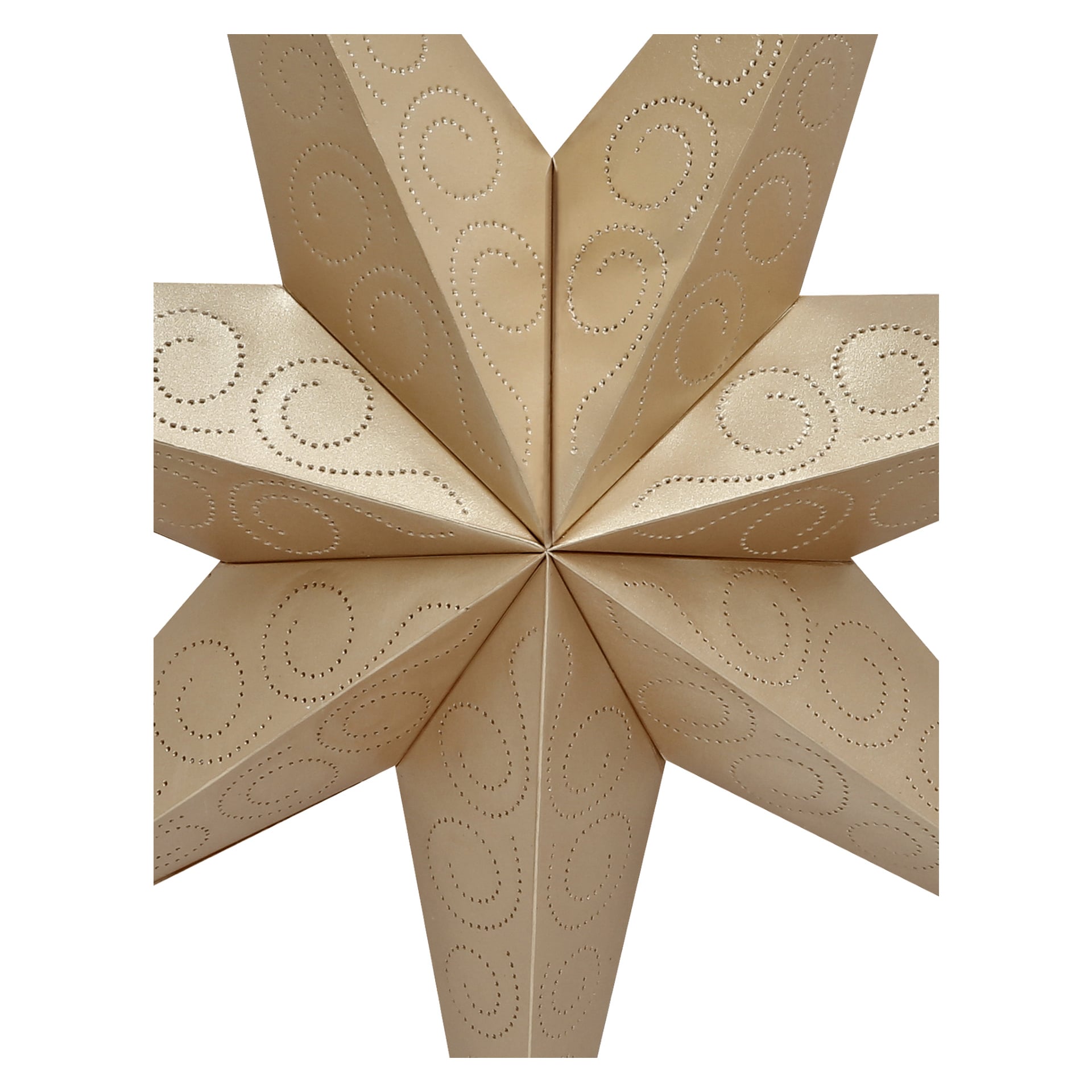 En närbild av den champagnefärgade adventsstjärnan av EKVIP med åtta jämna spetsar och detaljerade virvlande utskärningar i dess beige papper.