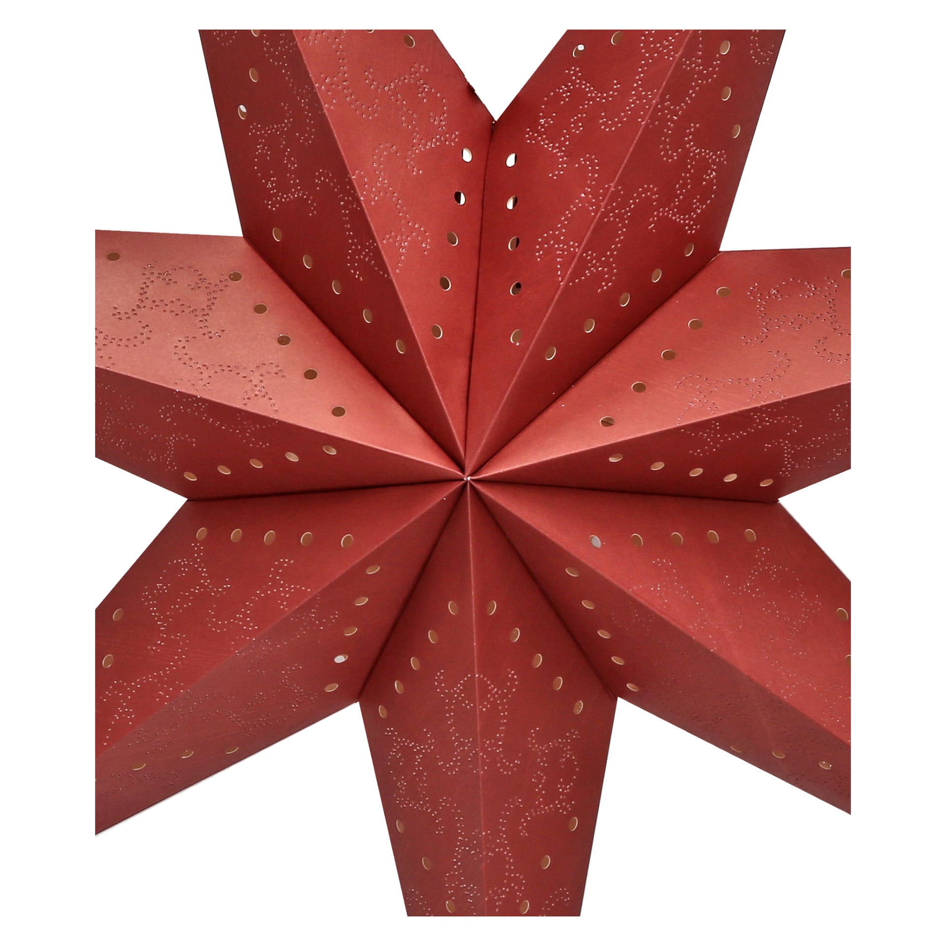 En närbild av EKVIP Red Advent-stjärnlyktan visar dess åtta punkter, små hål och dekorativa mönster, vilket betonar den symmetriska designen på detta festliga föremål.