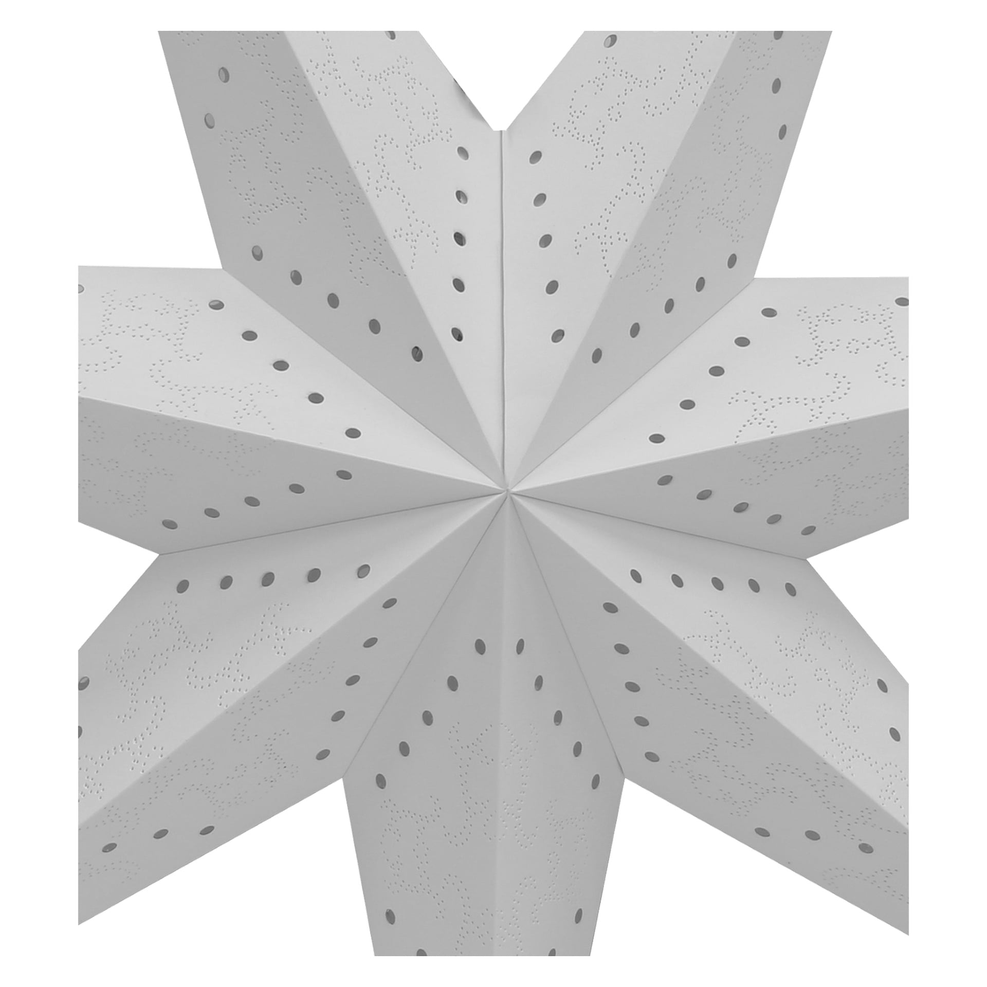 Eine Nahaufnahme des EKVIP White Advent Sterns zeigt perforierte Löcher und subtile gepunktete Muster auf jedem Teil, die eine kräftige, symmetrische, achtzackige geometrische Form bilden.