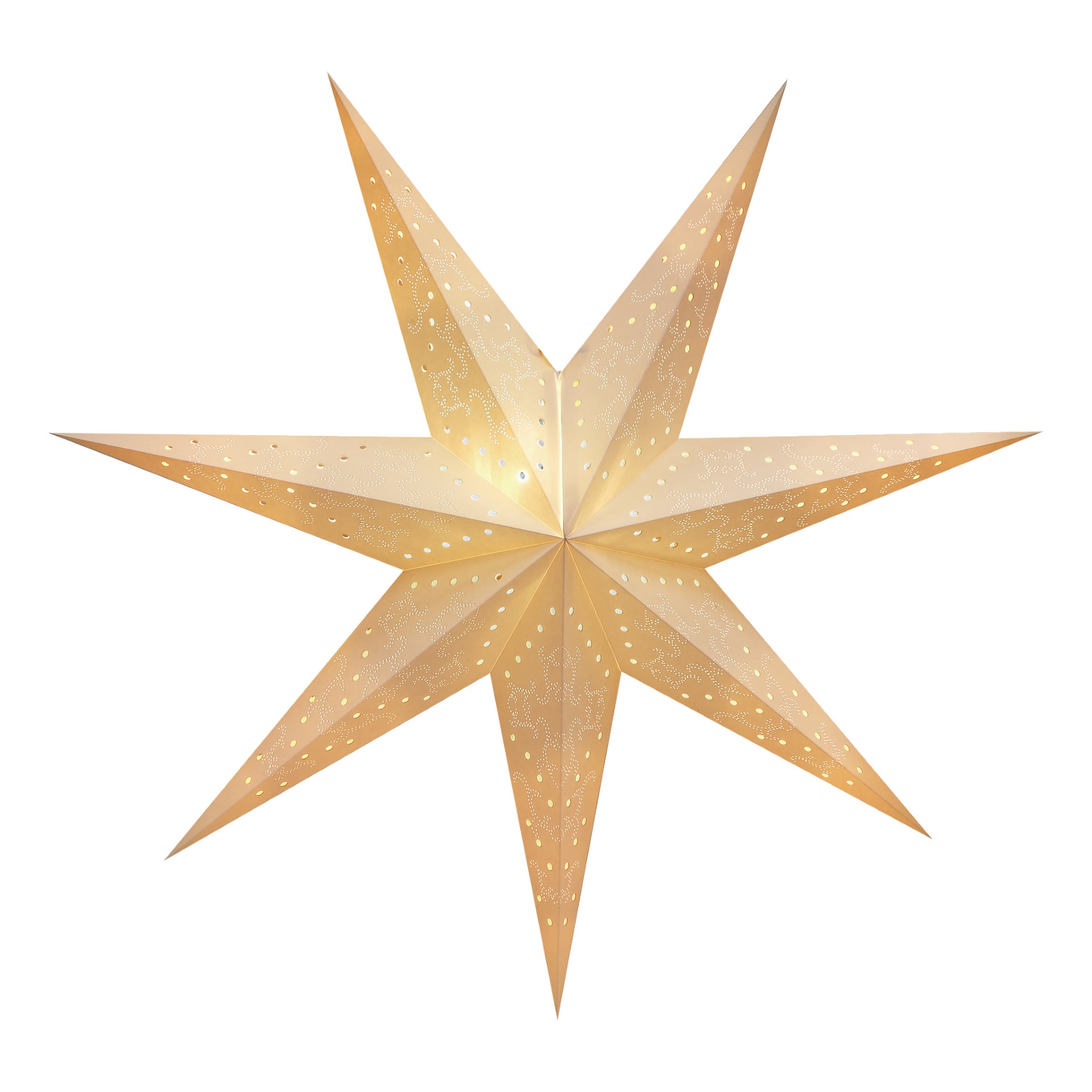Der EKVIP White Advent Star ist eine achtzackige Papierlaterne in blassem Gold mit kleinen Ausschnitten, die Licht hindurchlassen.