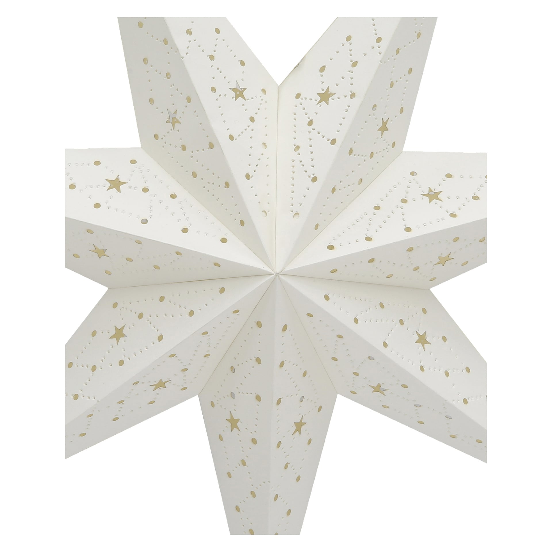 Närbild av den vita adventsstjärnan av EKVIP, en åttauddig vit papperslykta med små guldstjärnor och prickar. Fokus ligger på dess geometriska veck och symmetriska design.