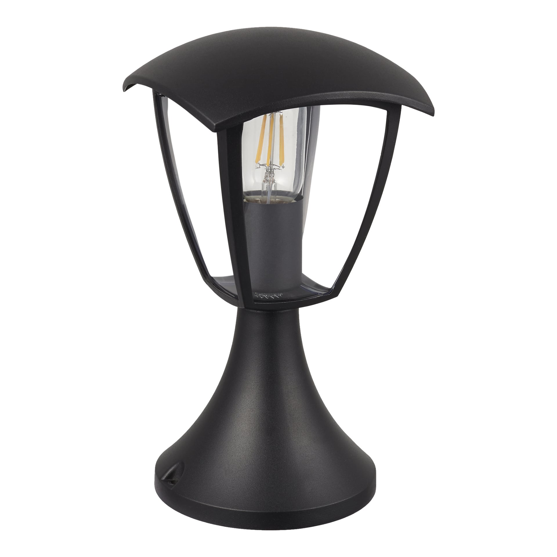 EKVIP-lyktstolpen är en slank, svart utomhusarmatur med modern design, med en böjd topp, transparenta glaspaneler runt en synlig LED-lampa och en bred, utvidgad bas.