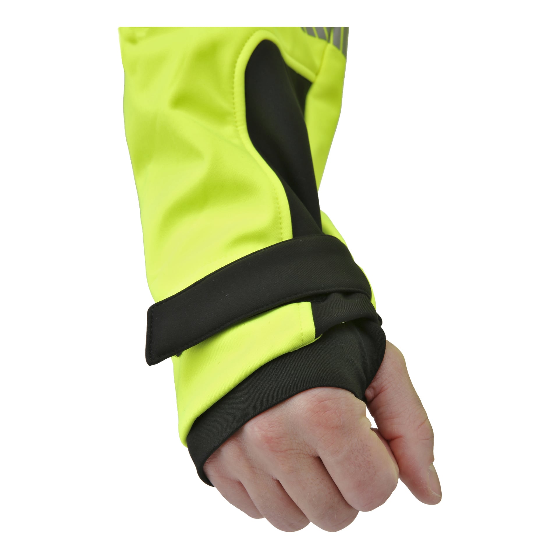 Närbild på en persons hand som bär Bluewear Hi-Vis Toronto softshelljacka i neongult och svart, som framhäver en svart remdetalj på ärmen från handleden och neråt.