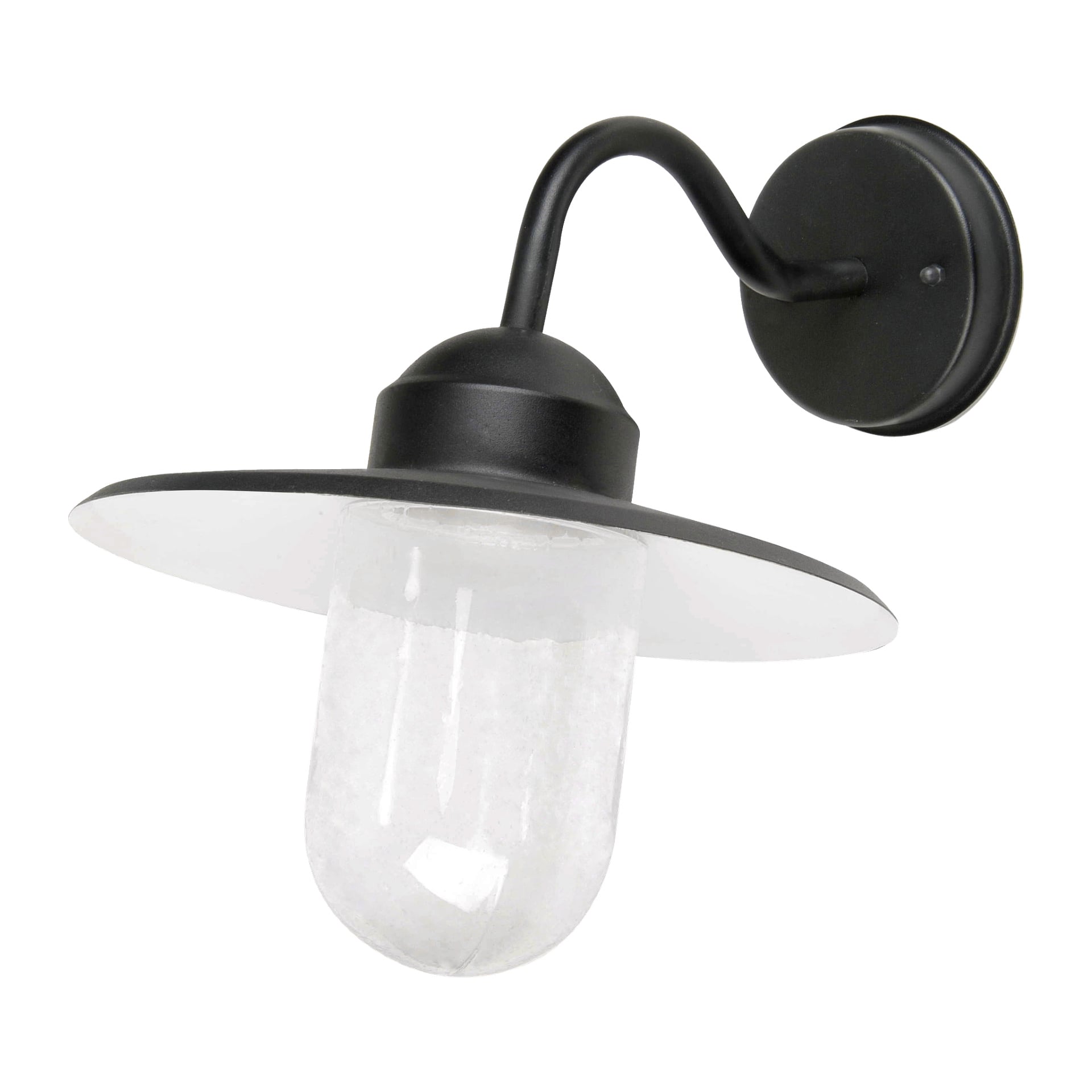 EKVIP Wall Lamp är tillverkad av svart metall och visar upp en bred, platt cirkulär skärm tillsammans med ett transparent glaslampshölje. Designad för utomhusbruk, monteras den på väggen på en rund basplatta och inkluderar en arm som fälls ut och böjs försiktigt nedåt.