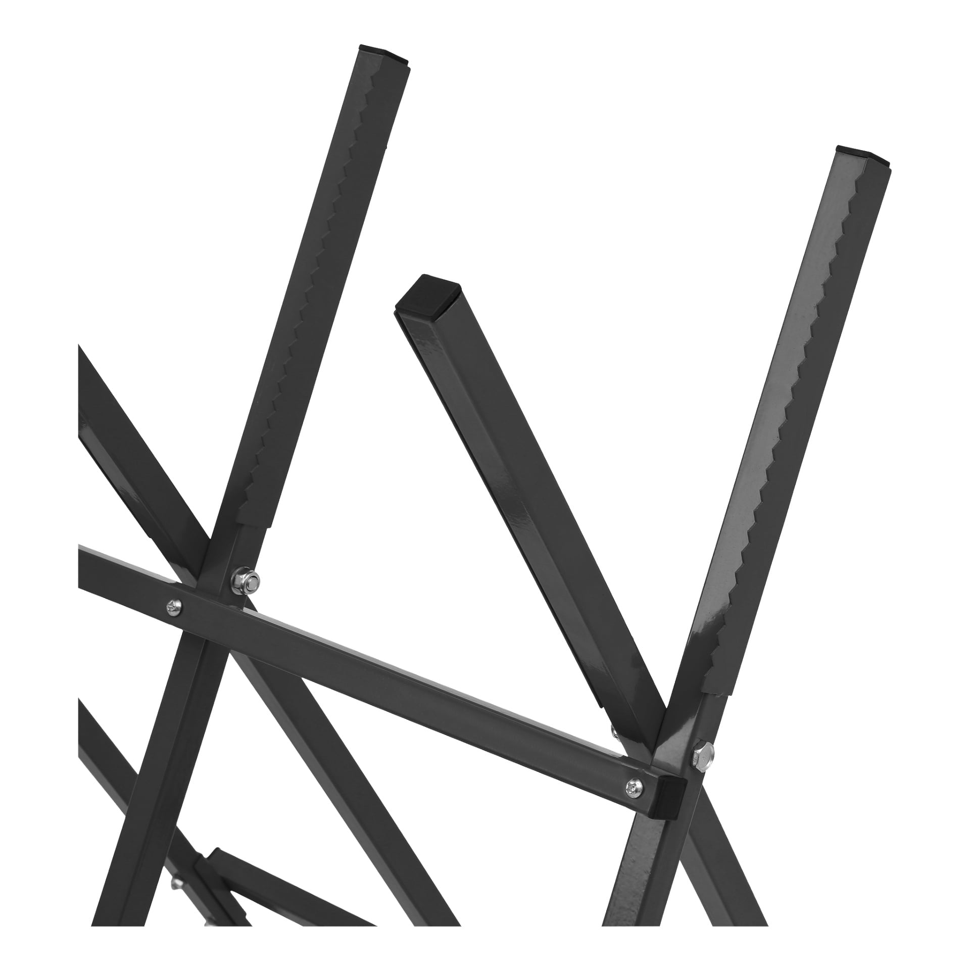 En närbild av en Hard Head Folding sågstock gjord av svart metall, som visar dess tandade, vinklade armar och bultarna som fäster stängerna.