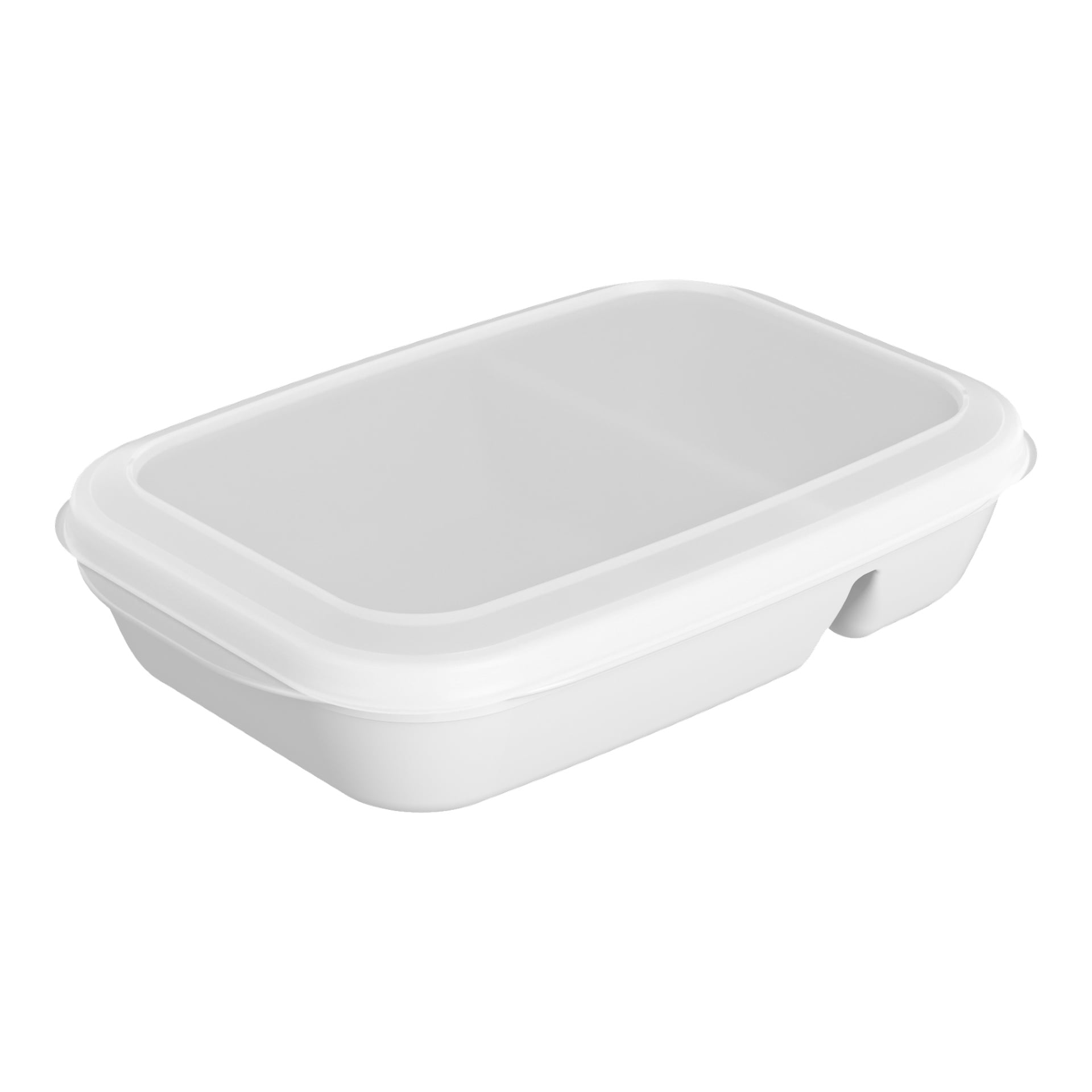 En oanvänd Menuett Lunch Box med en avdelare, tillverkad av rektangulär vit plast och täckt med ett transparent lock, visas något vinklad för att framhäva dess djup och lockets tajta passform.