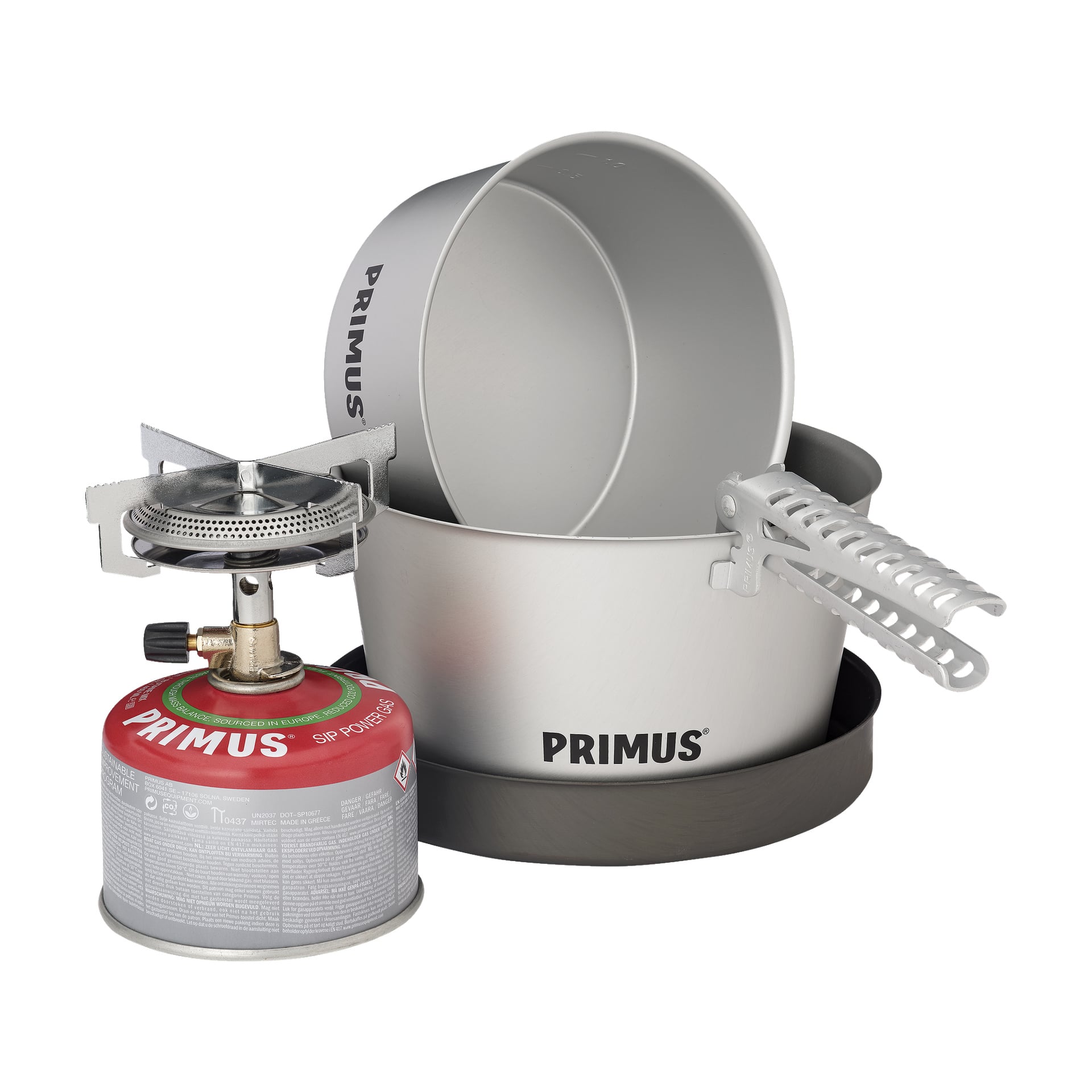 Primus Mimer Stove Kit II inkluderar en portabel gasbrännare kompatibel med bränslebehållare, en stor och en liten kastrull, en stekpanna och ett avtagbart handtag. Varje del visar Primus-logotypen och är prydligt arrangerad tillsammans.